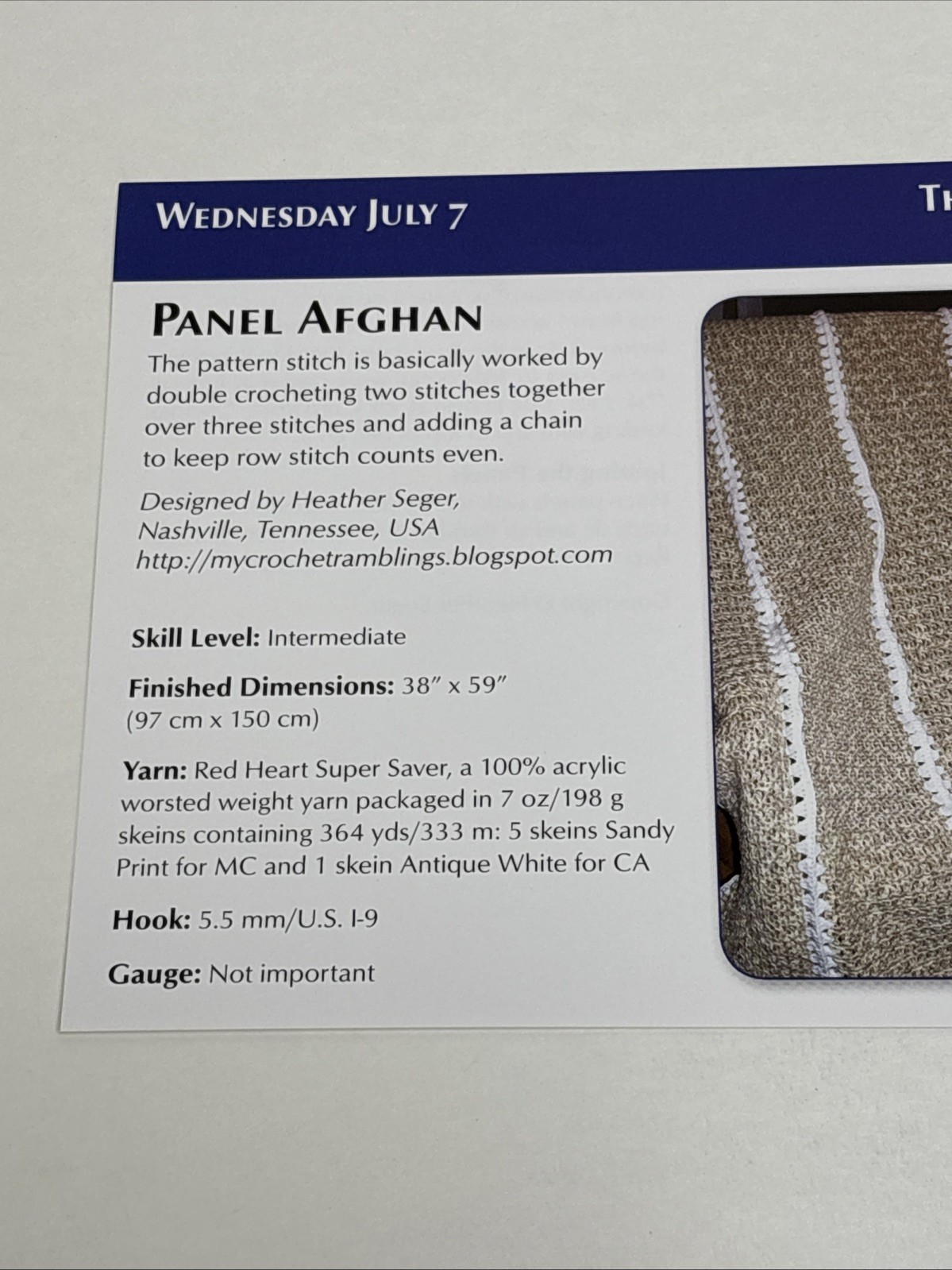 Panel Afghan Crochet Pattern Card Page