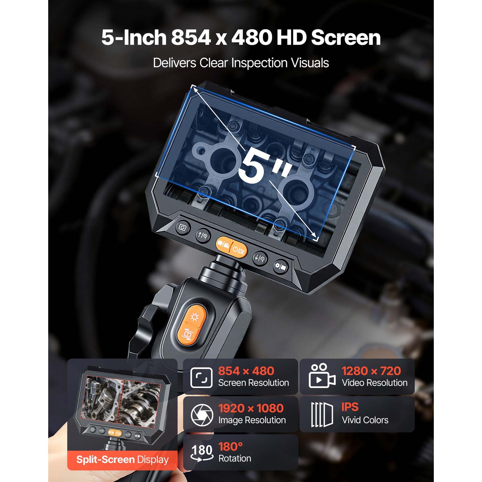 Uimoso Dual-Lens 2-Way Articulating Endoscope with 5" Split-Screen Display