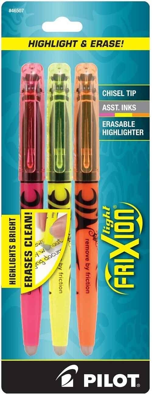 Pilot Frixion Light Hilighter Erasable Chisel Tip 3/Pk Asst Office School Home