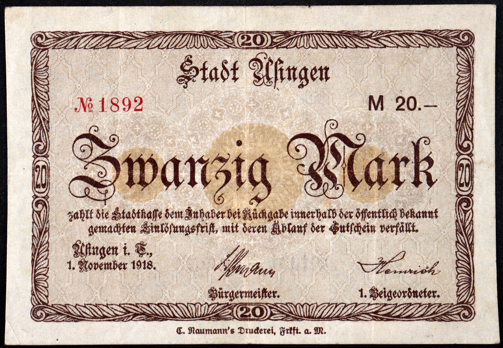 USINGEN 1918 20 Mark w/Dresdner Bank stamp Grossnotgeld German Notgeld Banknote
