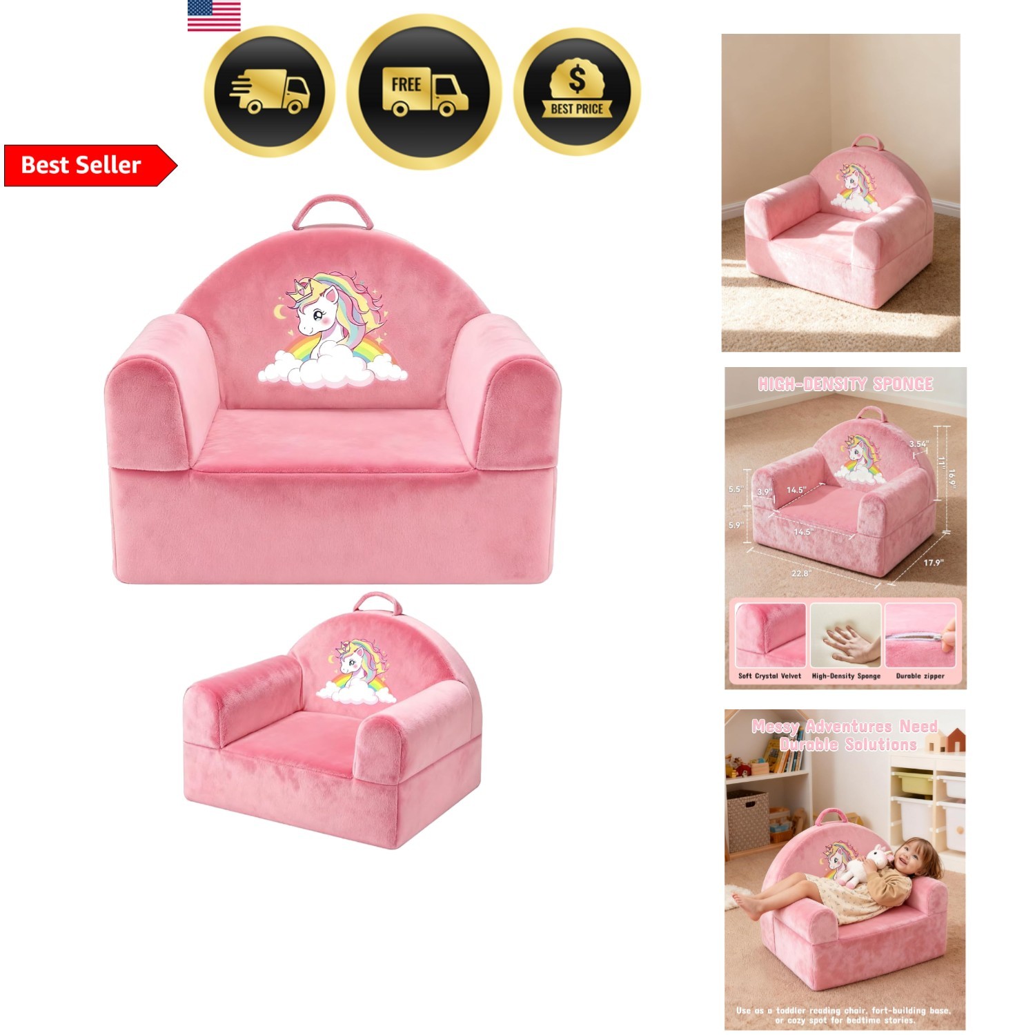 Kids Sofa Chair Pink Unicorn Toddler Chair Removable Washable Cover Cozy Velvet