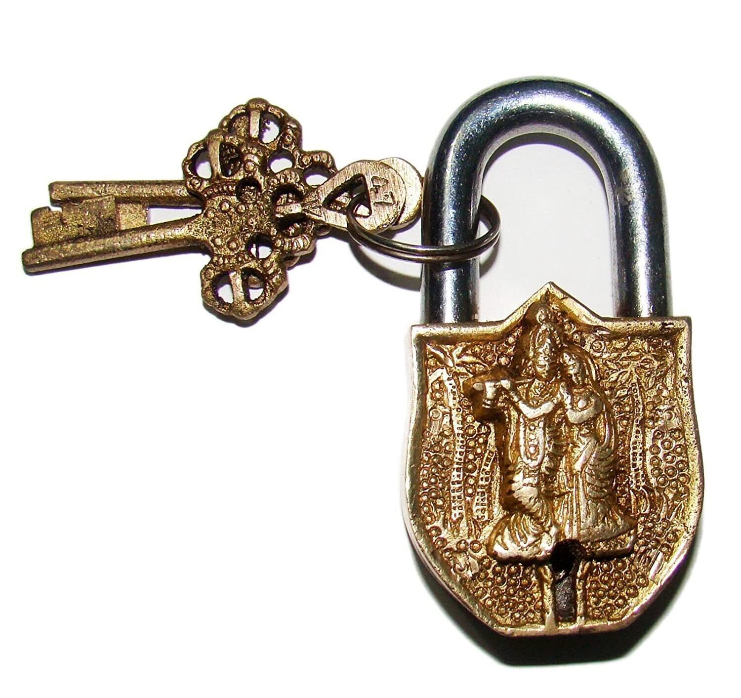 Handmade Vintage Style Radha Krishna Relief Brass Padlock With Keys
