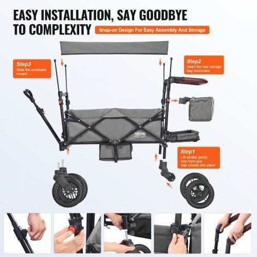 Wagon Stroller for 2 Kids Push Pull Quad Collapsible Stroller with Adjustable
