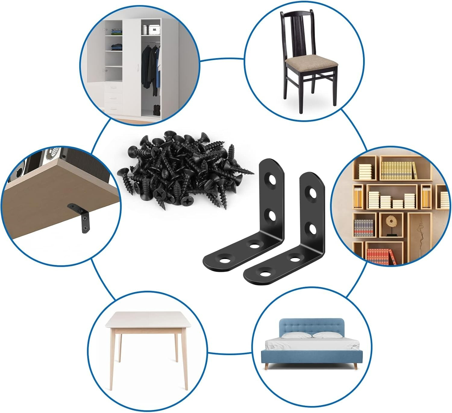 16 Pcs Stainless Steel L Brackets & 64 Screws Set for Furniture Stability