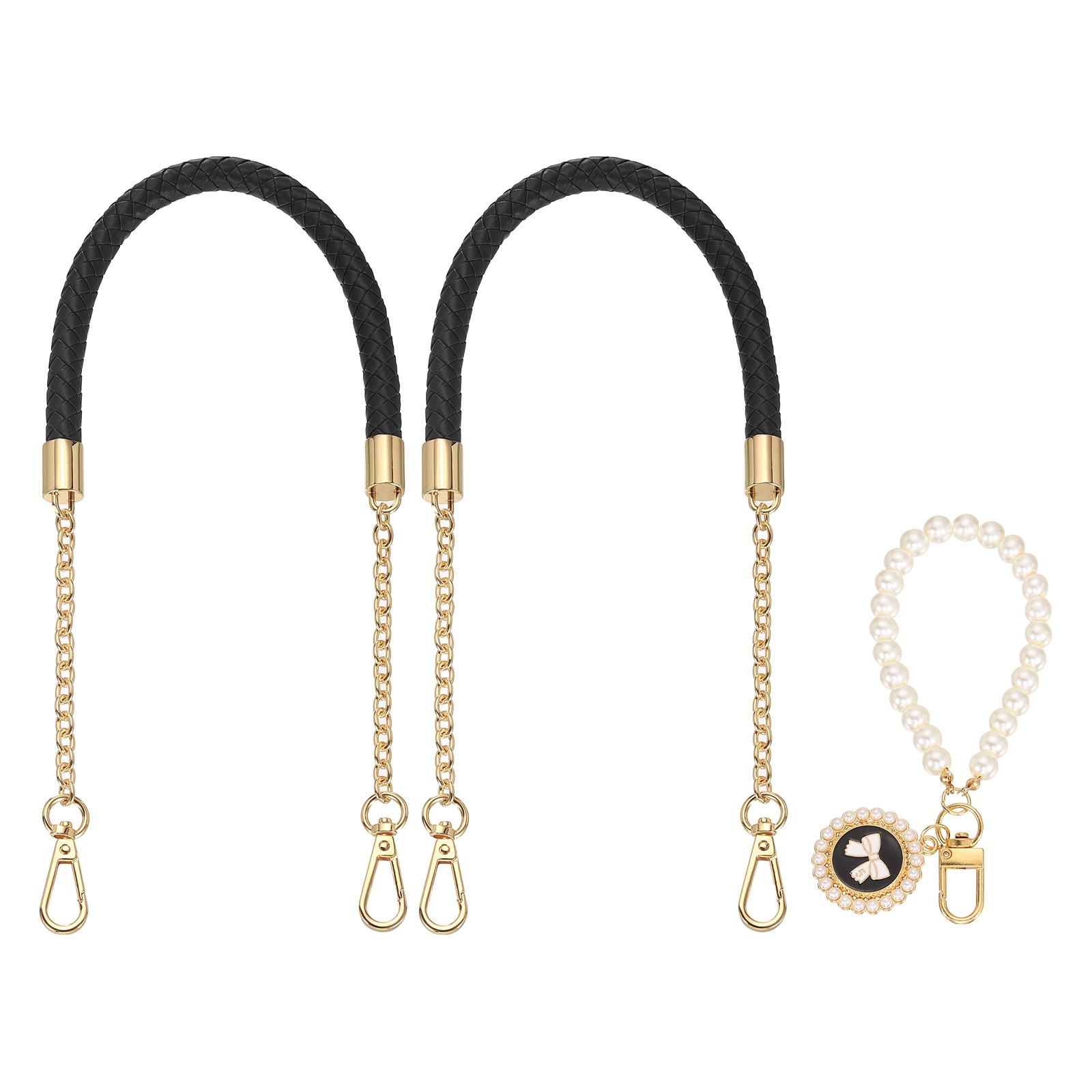 2Pcs 23.6Inch PU Leather Purse Strap with Pendant (Black, Light Gold Chain)