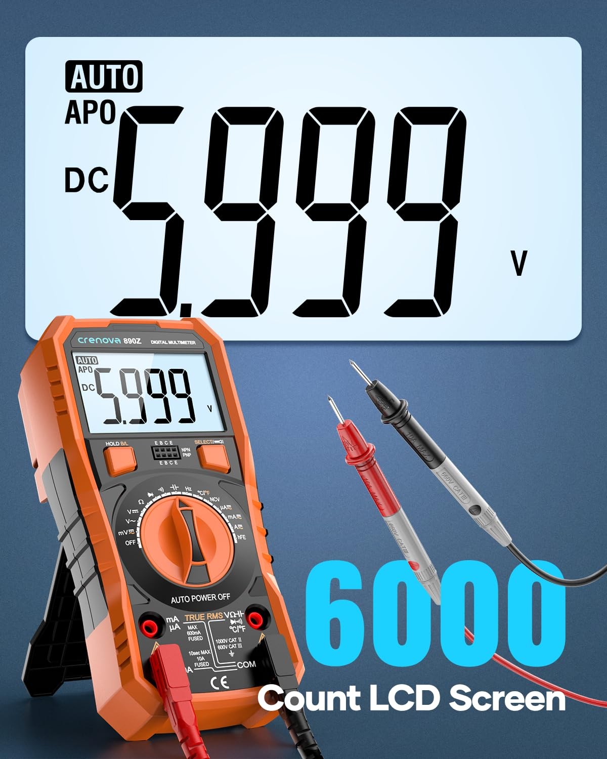 Auto-Ranging Digital Multimeter TRMS 6000 Counts AC DC Voltmeter Ohmmeter