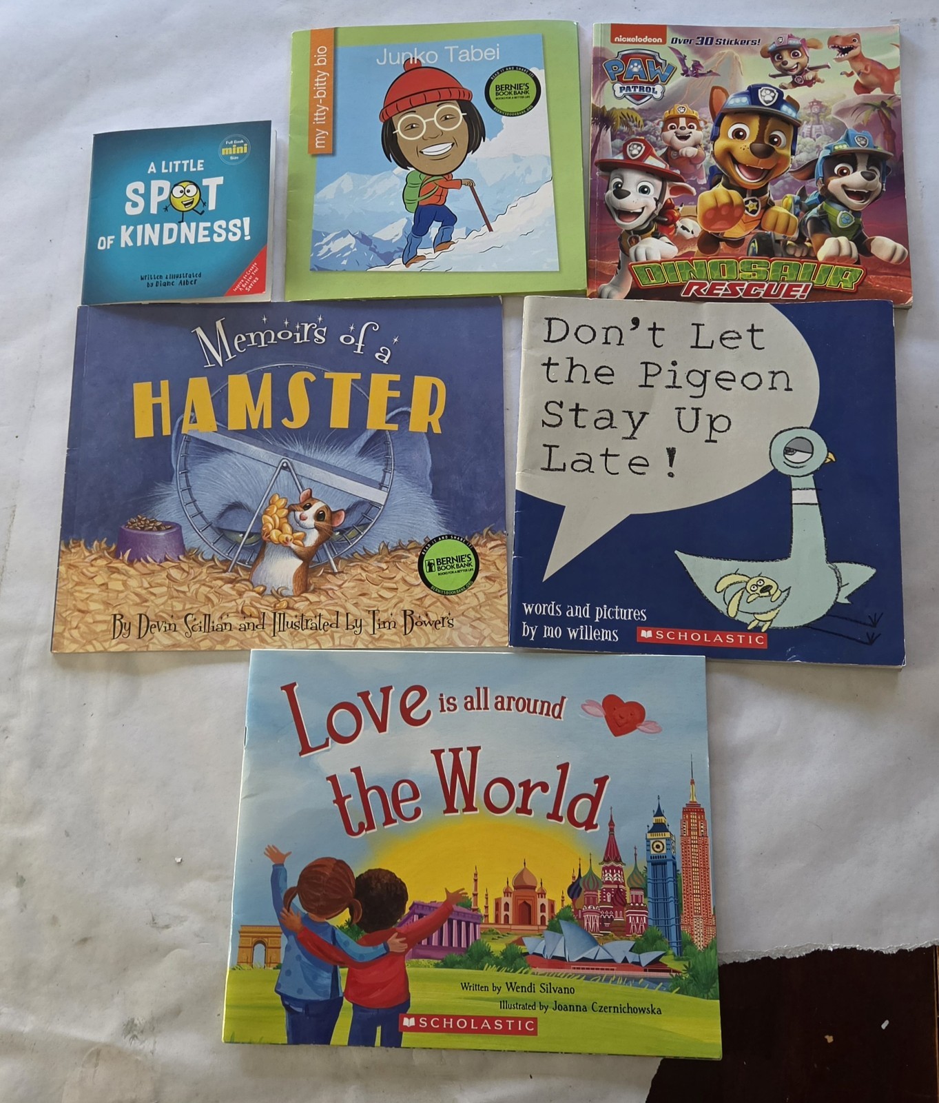 Lot of 6 Children’s Books Mo Willems Paw Patrol Spot of Kindness Hamster Junko