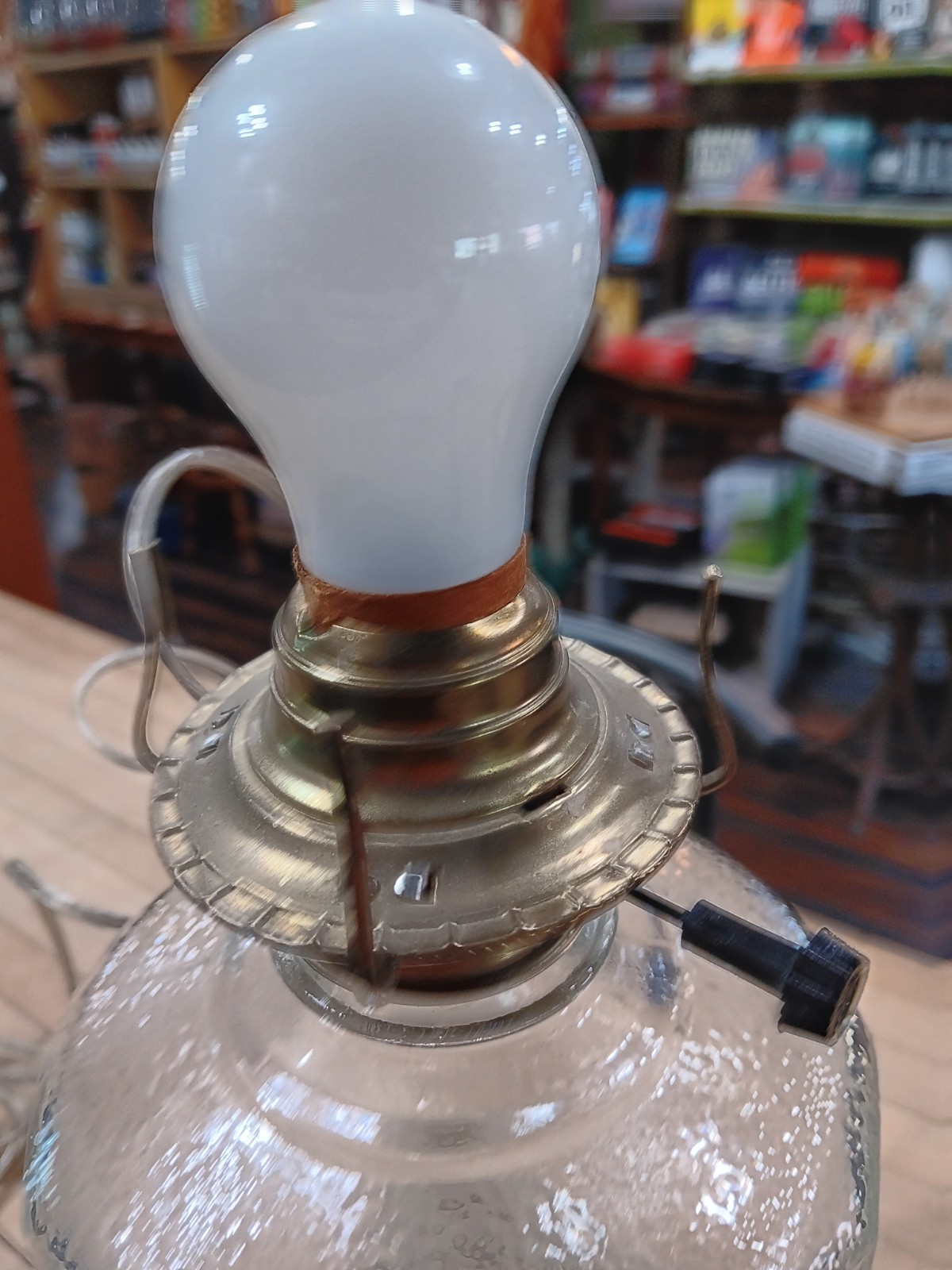 Electrified Glass Oil Lamp Table Lamp, Clear Pressed Scroll Base