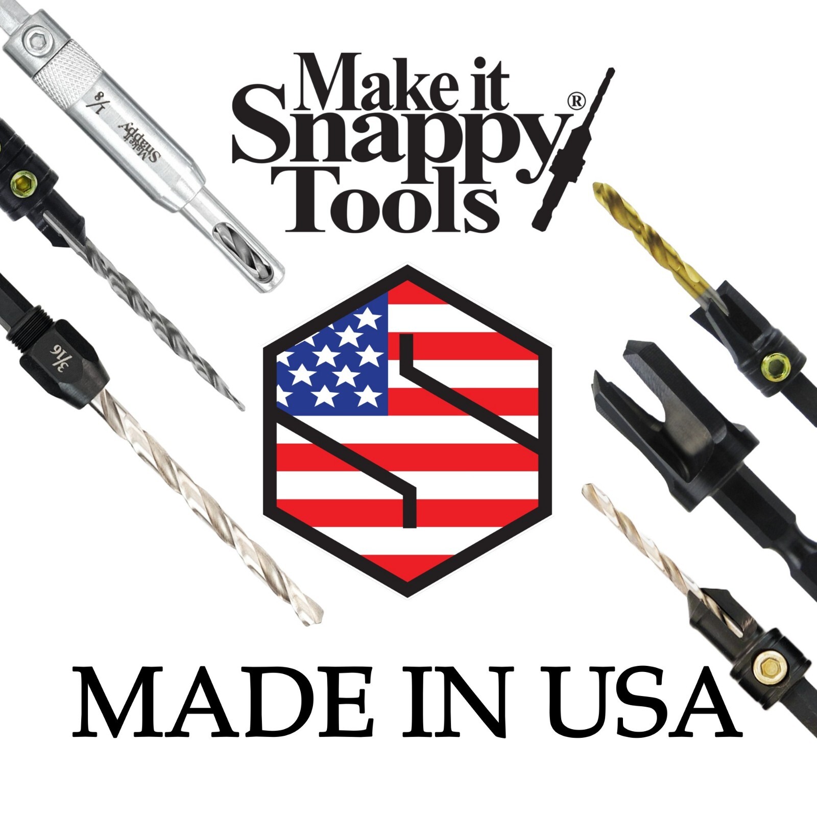 Snappy 5pc Countersink Drill Bit Set with Rotating Depth Stop Collar Made in USA
