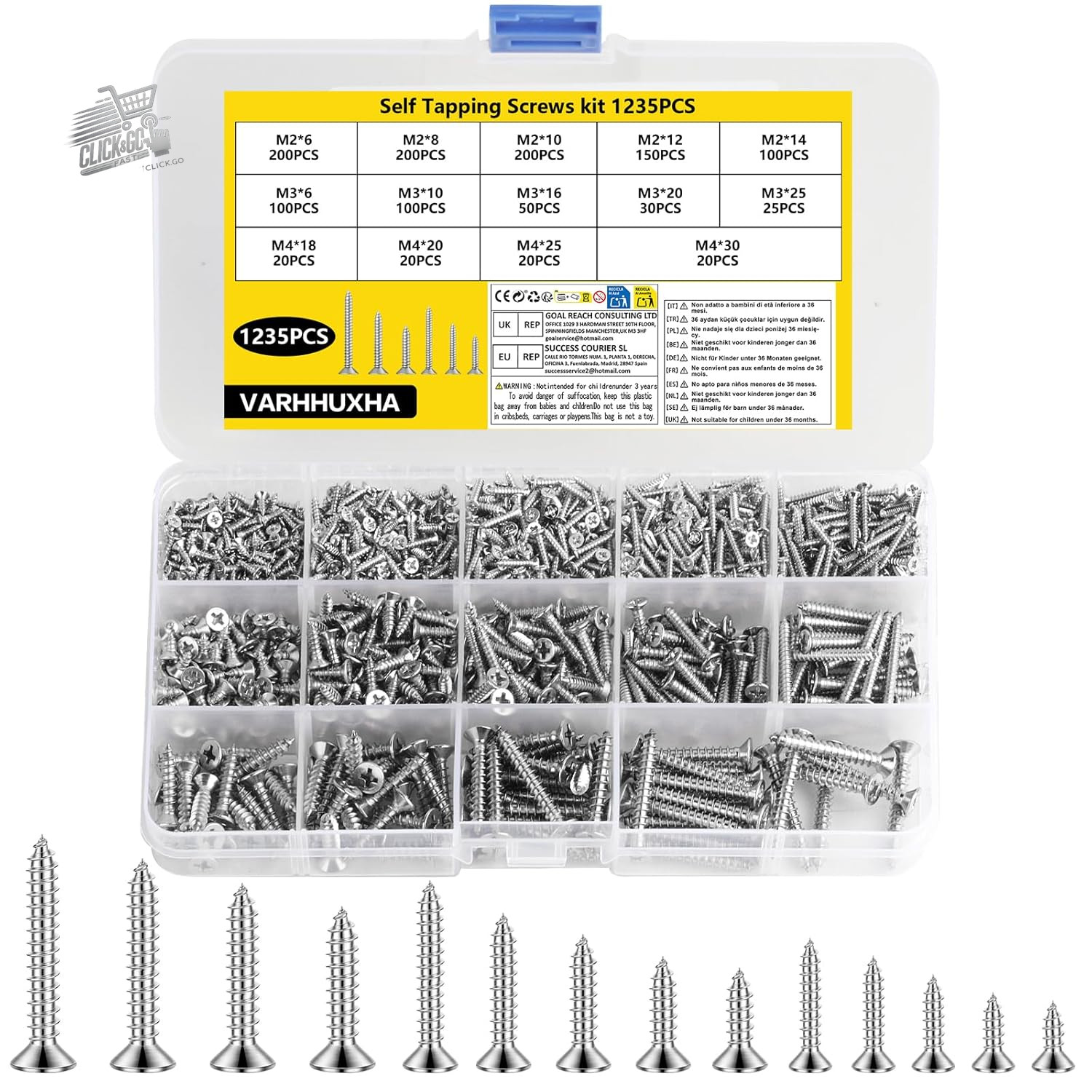 1235 Pcs M2 M3 M4 Wood Screw Set, Self Tapping Screw Kit for Metal,