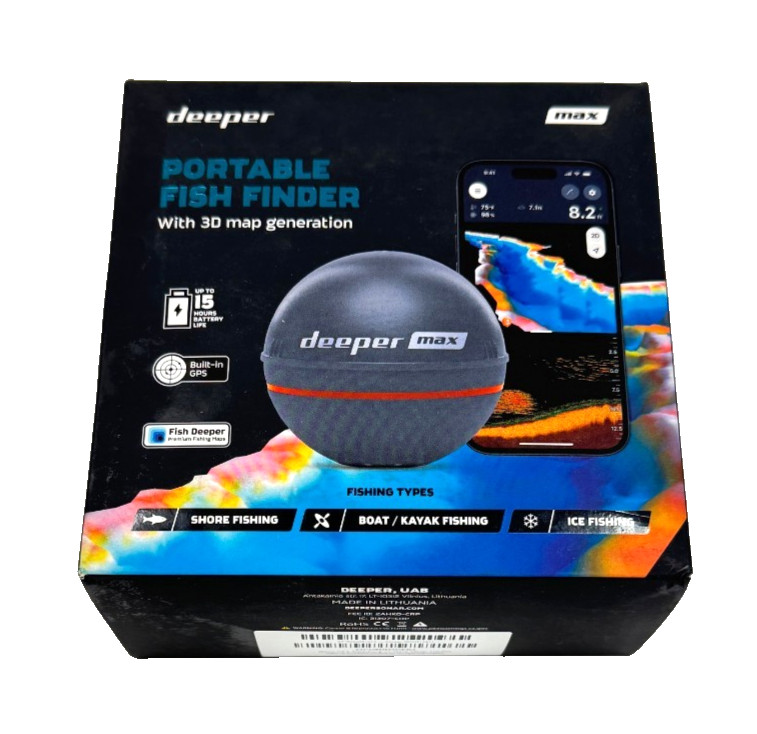 Deeper Max Smart Fish Finder CHIRP Sonar GPS Wi-Fi 330ft Depth 15hr Battery