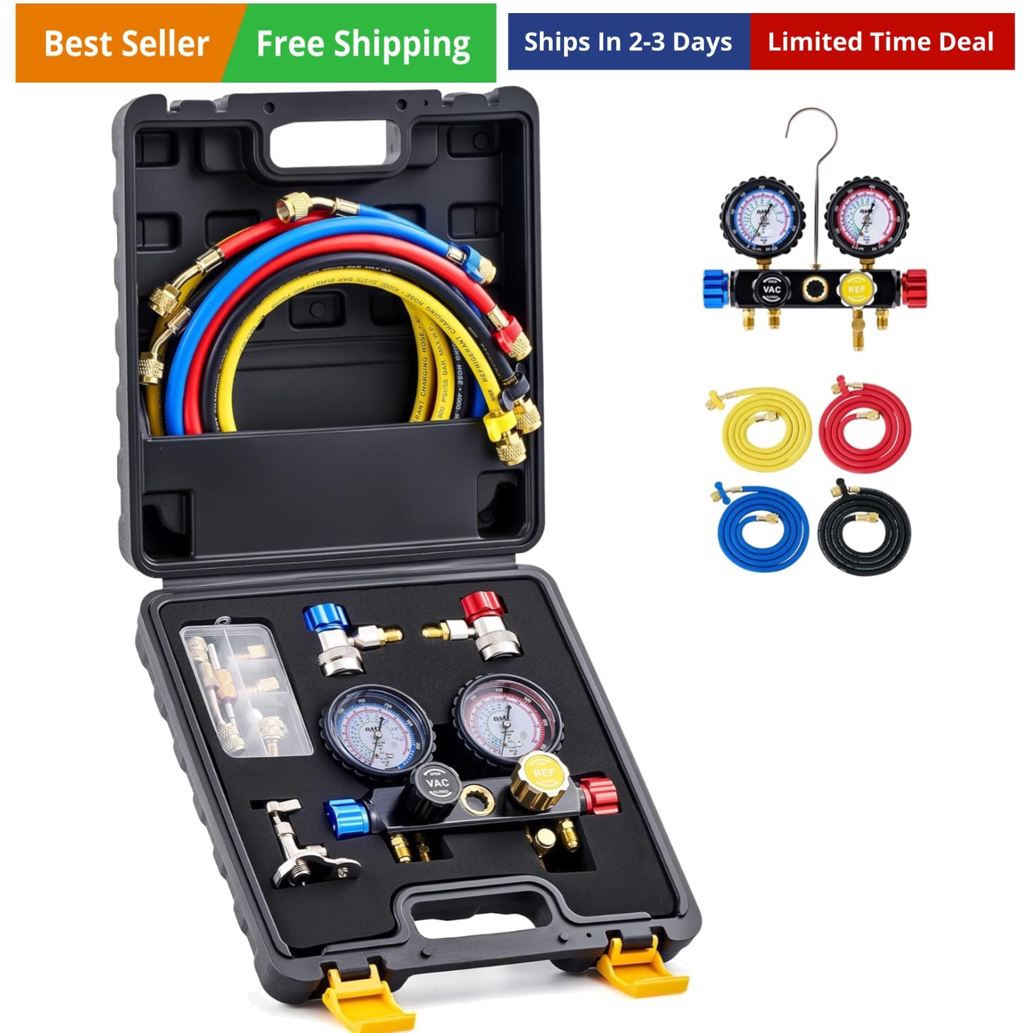 4 Way AC Gauge Set for R410a R22 R134a Refrigerant, 4 Valve Automotive AC Man...