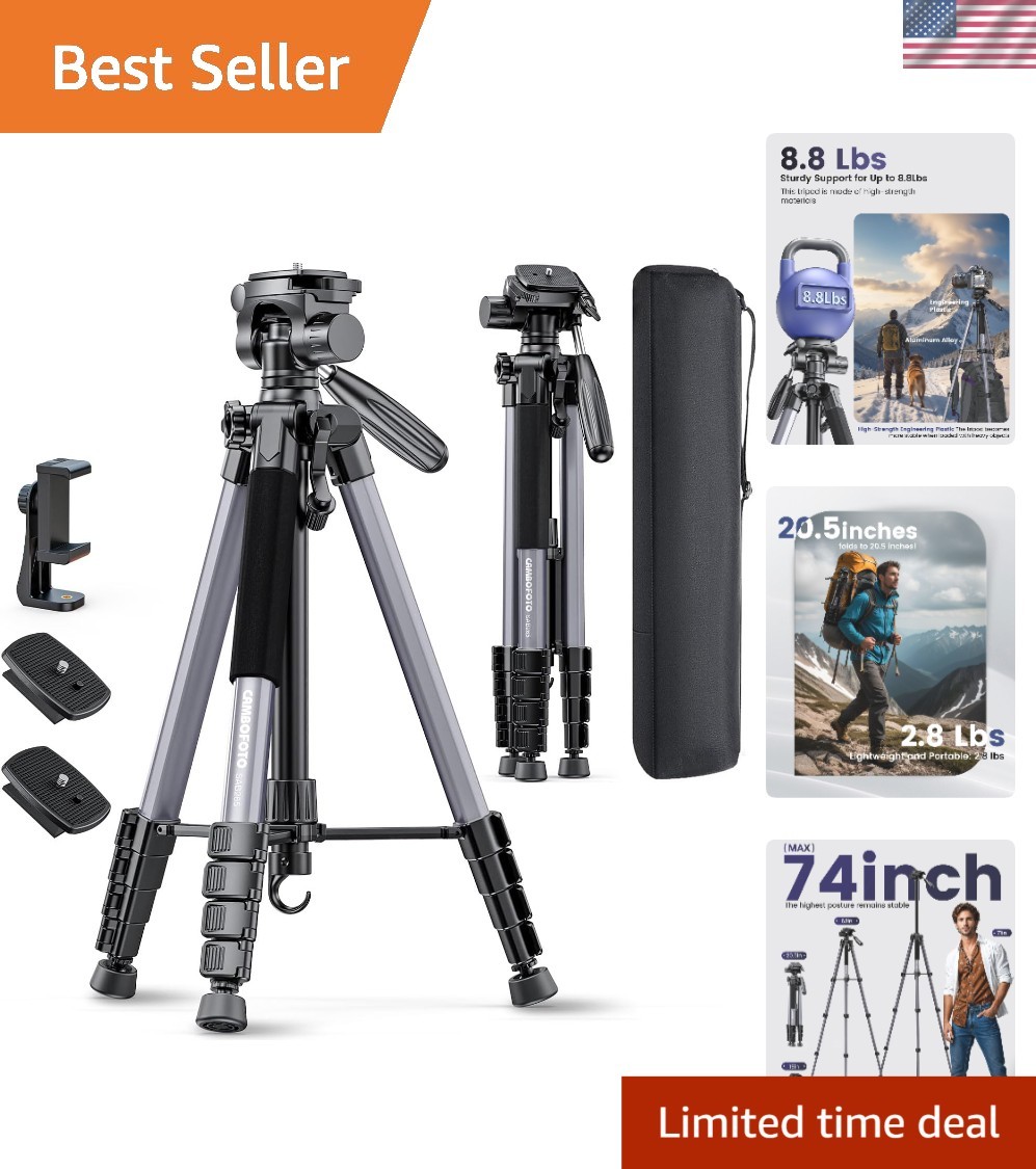 Professional 74-Inch Lightweight Aluminum Tripod with Phone Holder & Travel Bag