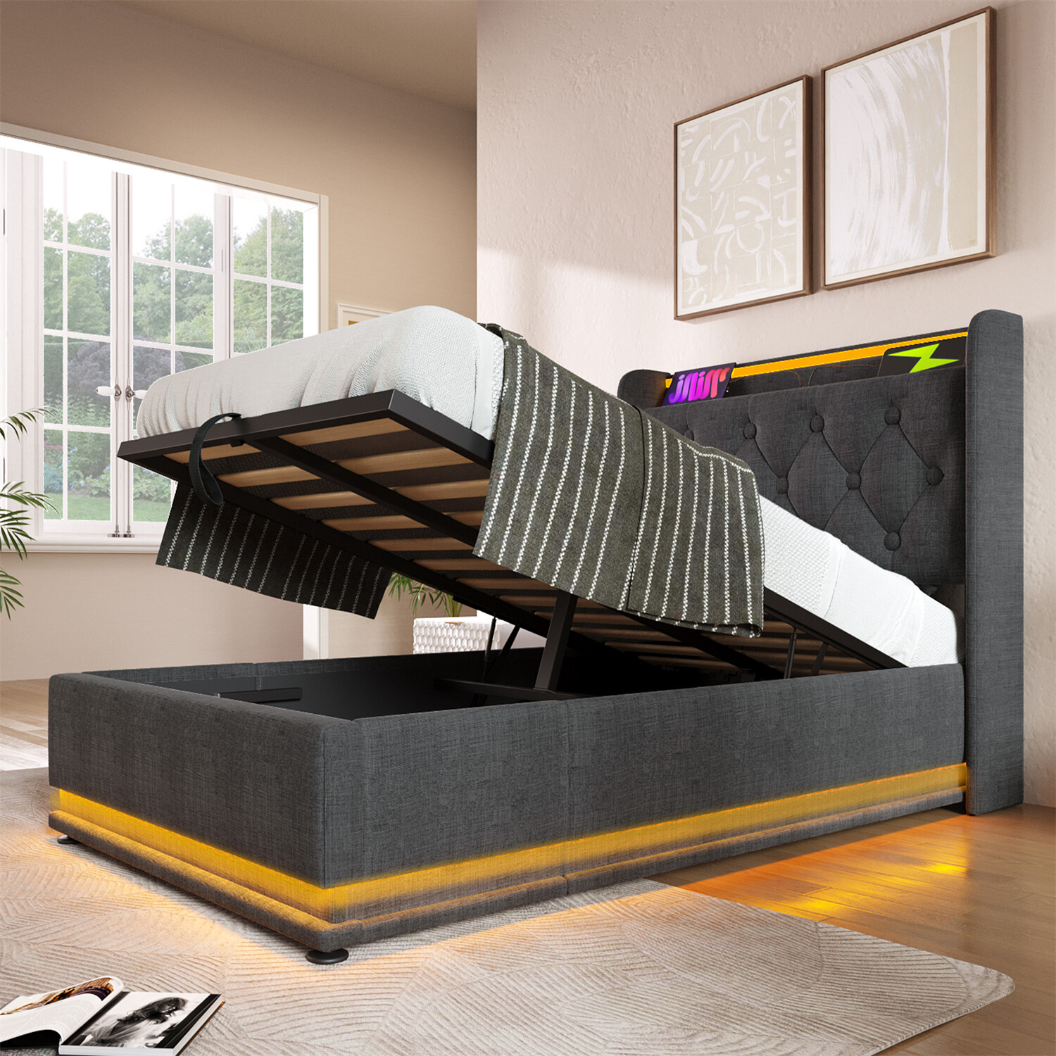 Twin/Full/Queen/King Size Upholstered Platform Bed with Hydraulic Storage System