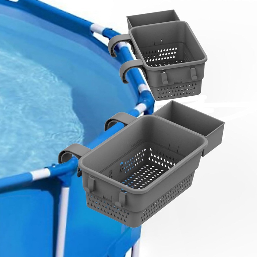2 Pack Poolside Storage Basket with Cup Holder & Hooks for Above Ground Pool