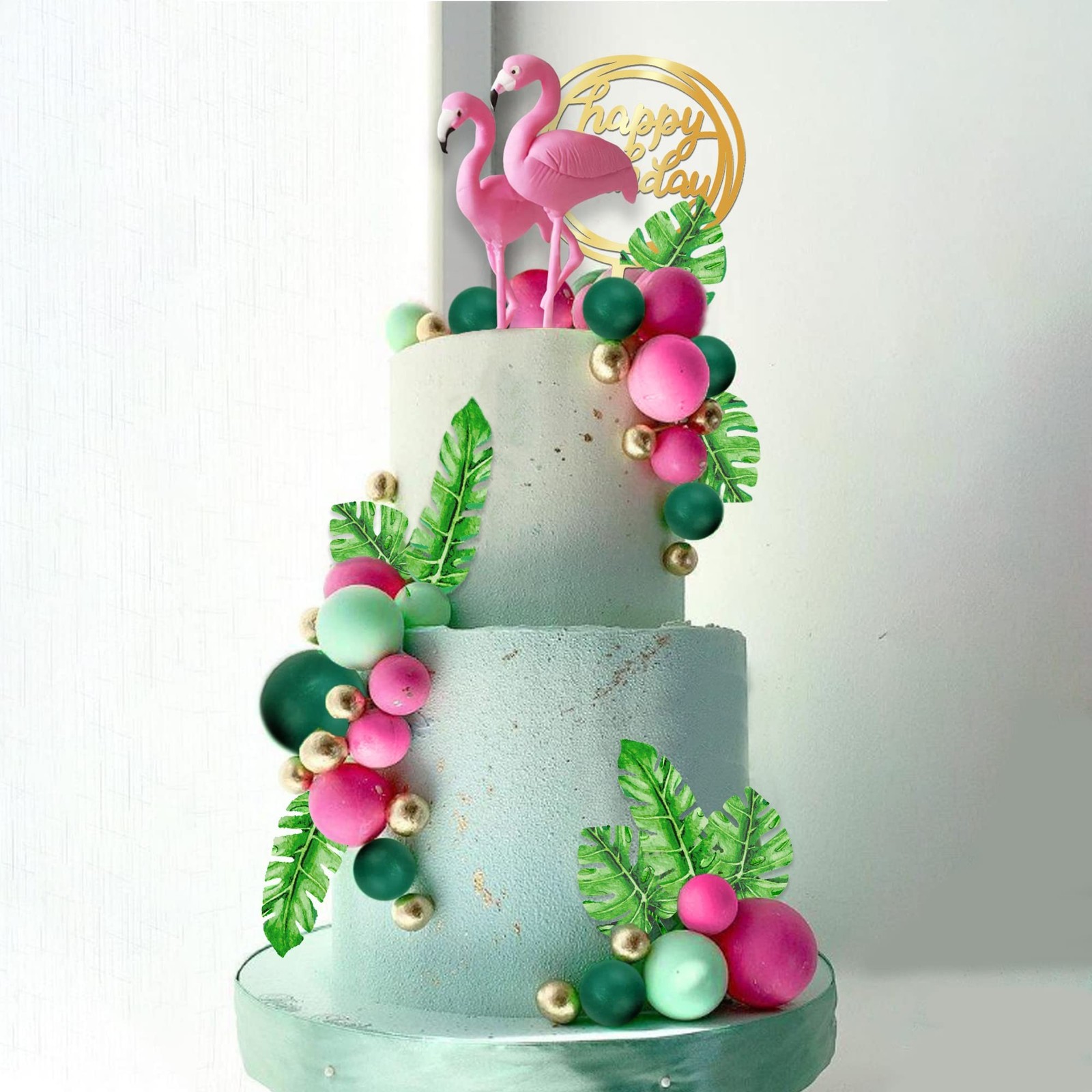 Flamingo Cake Toppers Summer Cake Decorations with Palm Leaf Green Hot Pink P...