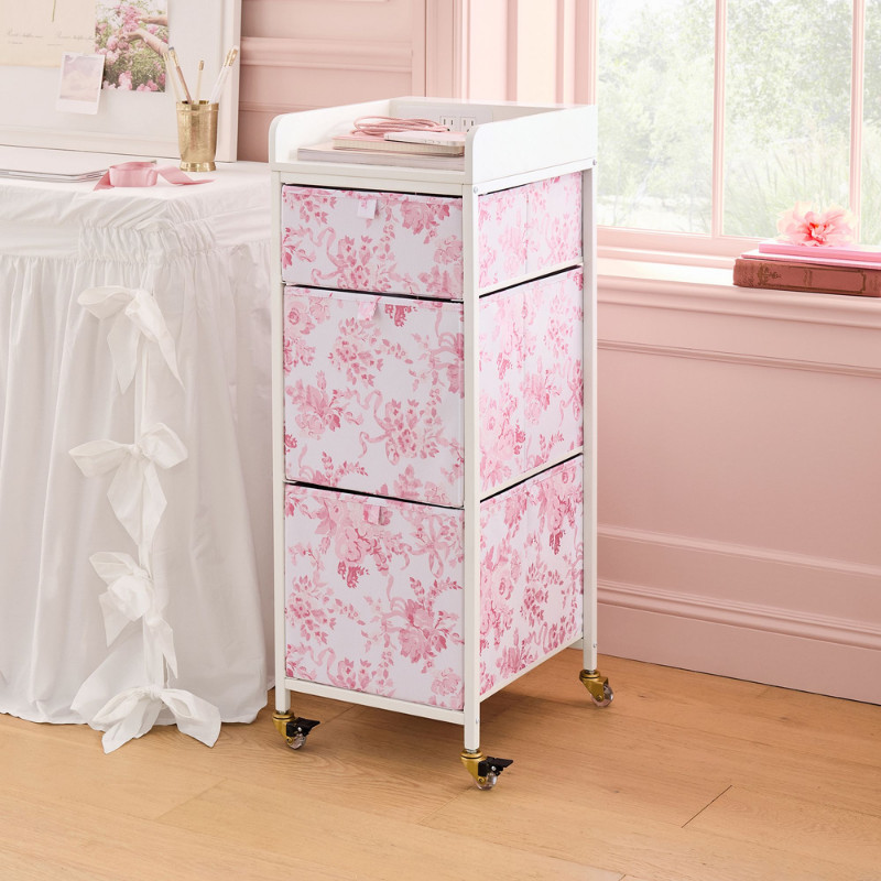 LoveShackFancy Tall Rolling Cart w/ AC Outlet & USB Ports Pink Damask