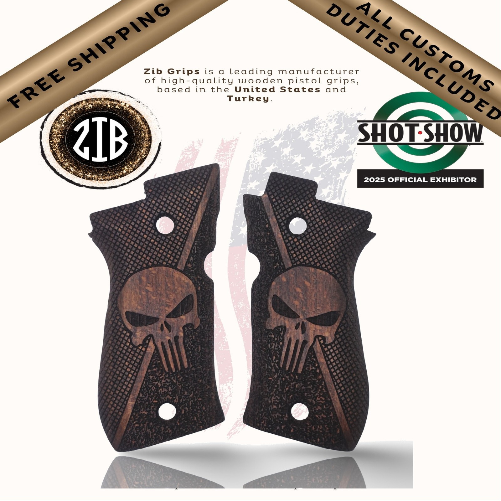 ZIB Grips Skull Engraved Walnut Fits Beretta® 81F 81FS 84F 84FS 81BB 84BB Fatih