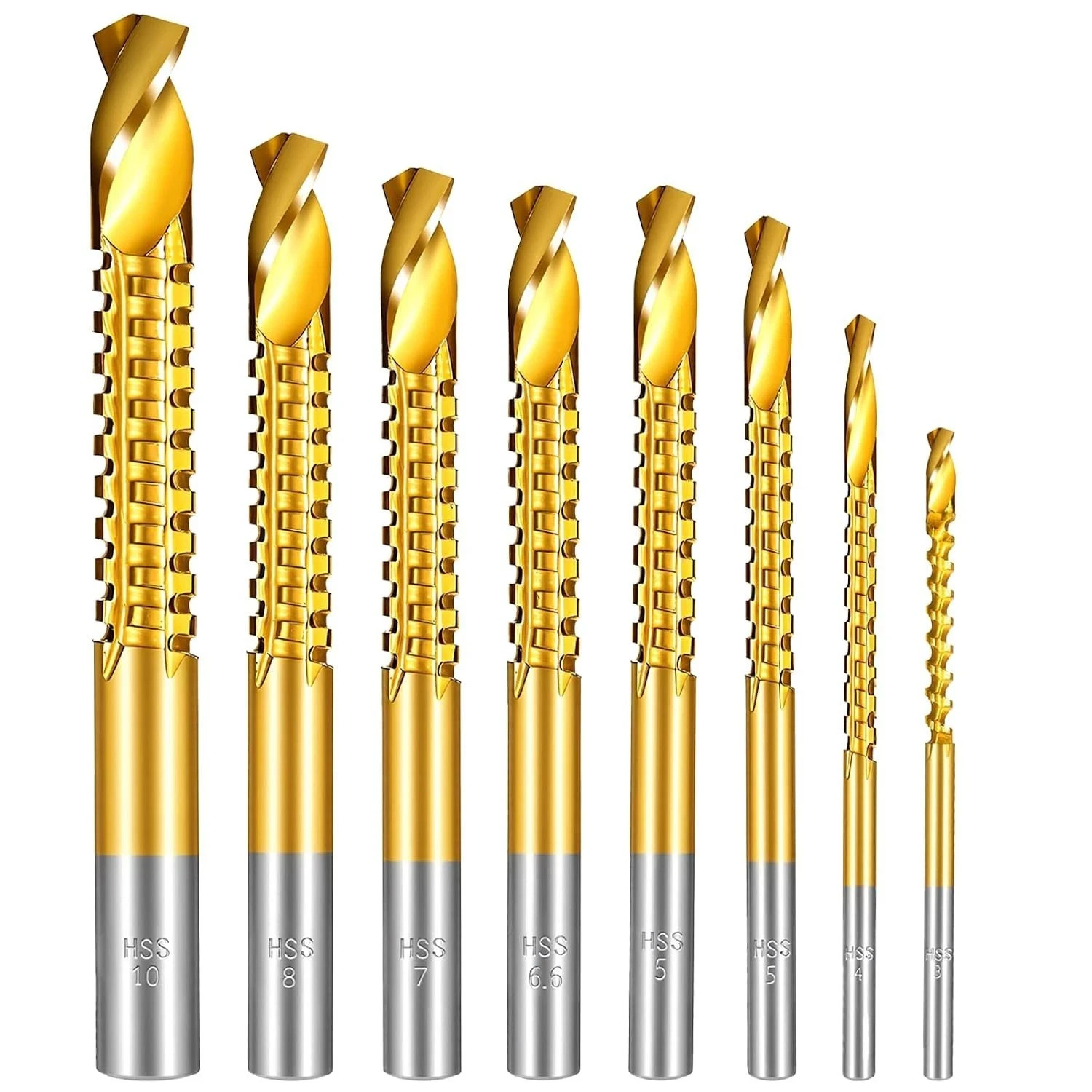 8 Pack Titanium Coated Hss Twist Drill Bits, 3-10mm Serrated Side Cutting Drill