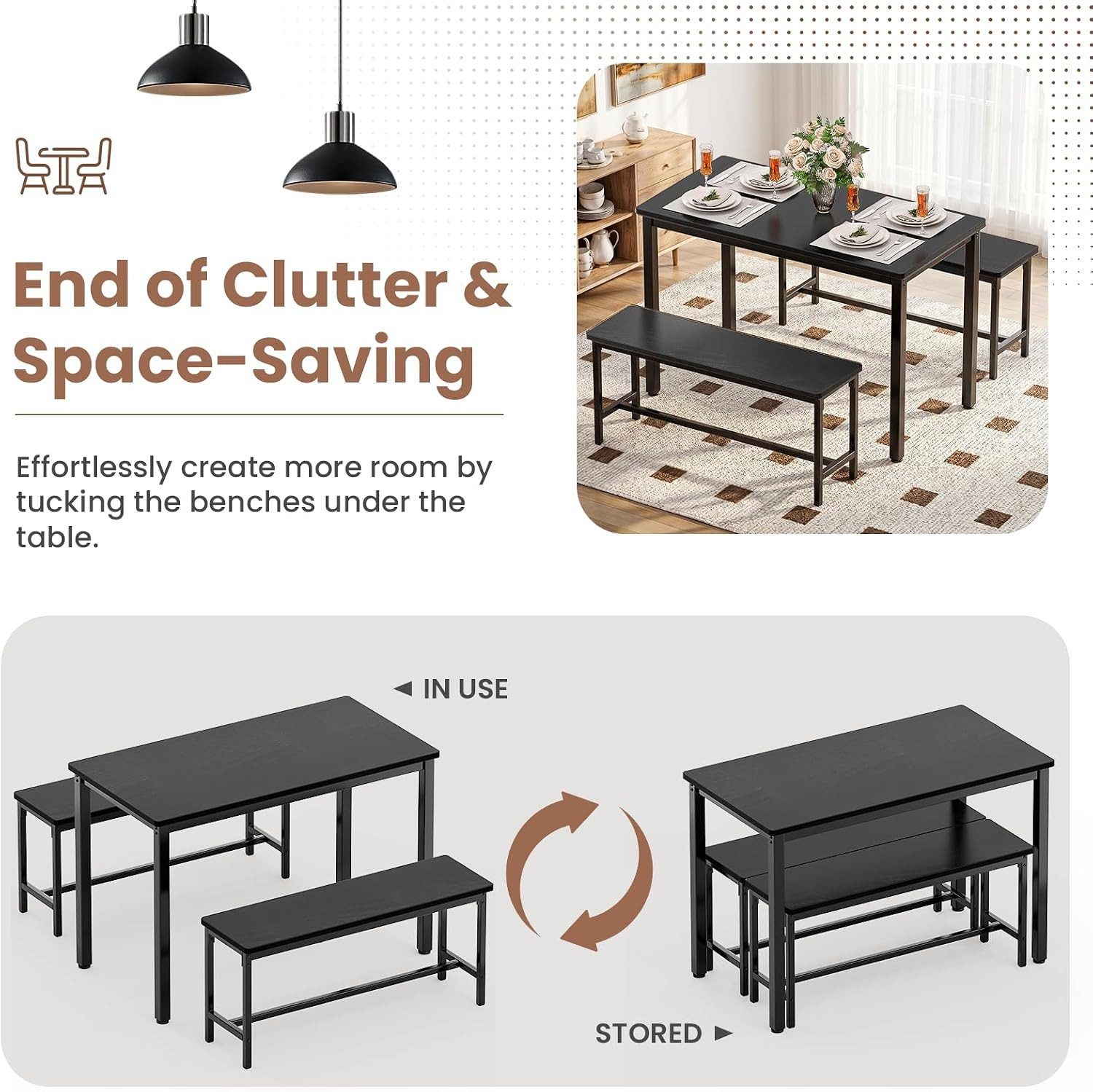Dining Table Set for 4, Kitchen Table with 2 Benchs, Black | Modern Functional 3