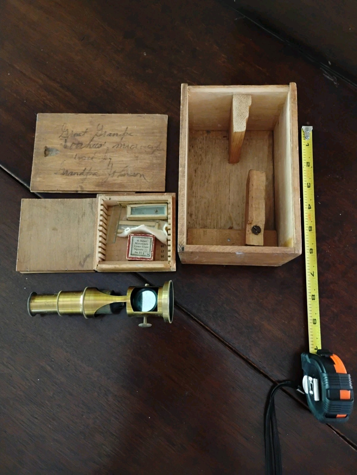 Antique 6" Brass Field Microscope w/ Slides & Covers in Wooden Box