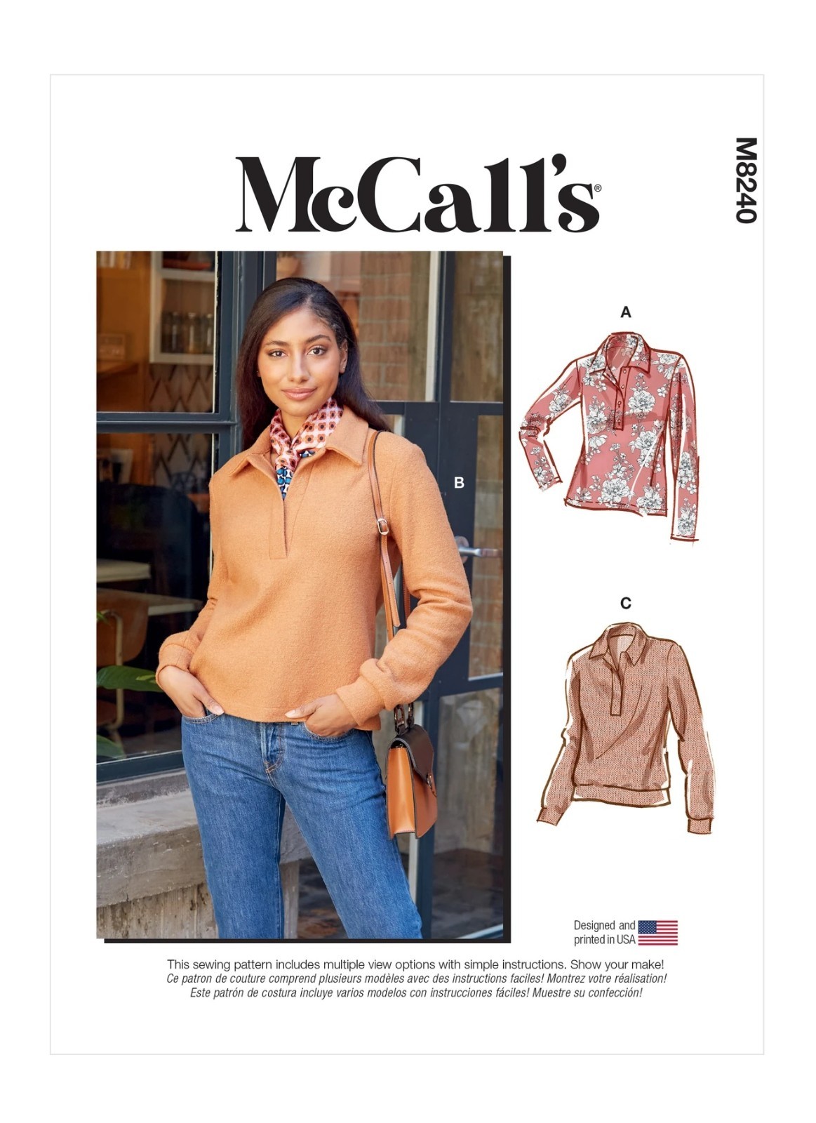 McCall 8240 XS-XXL Collar Shirt Half Placket Knit Pullover Long Sleeve Pattern