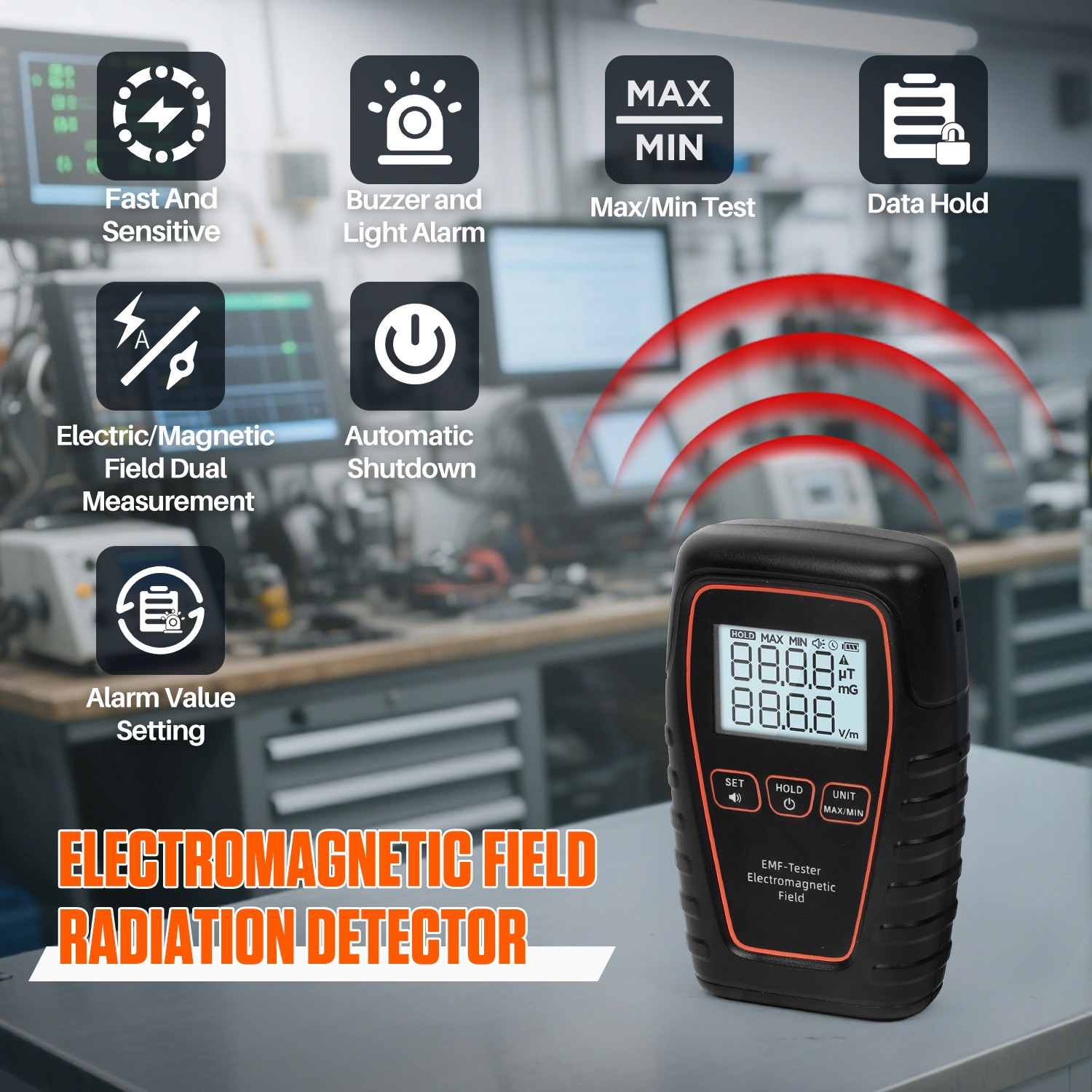 Electromagnetic Field Radiation Detector Digital EMF Meter W/ Sound-Light Alarm