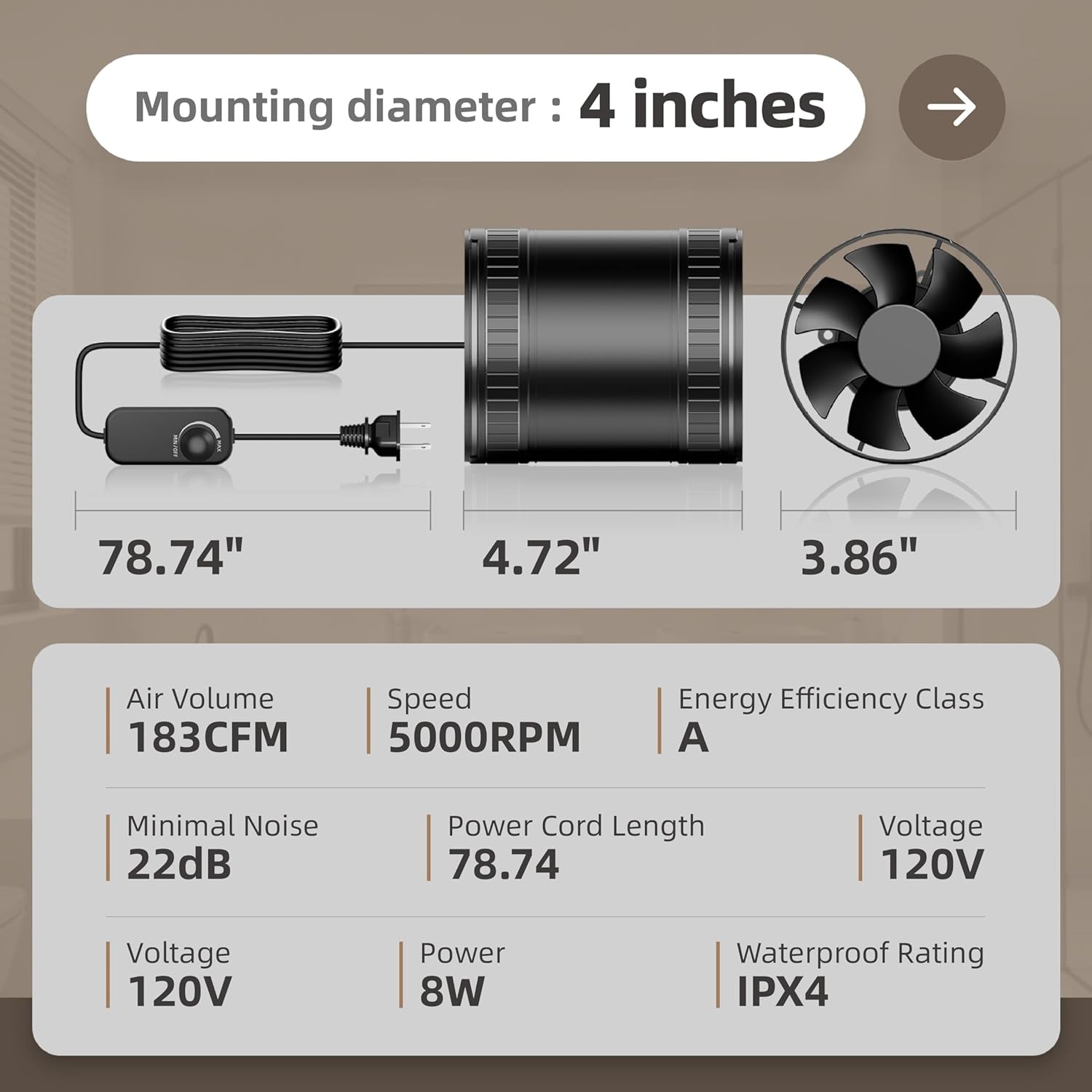 4 Inch Compact Inline Duct Fan Kit with Speed Controller, Quiet DC Motor Exhaust