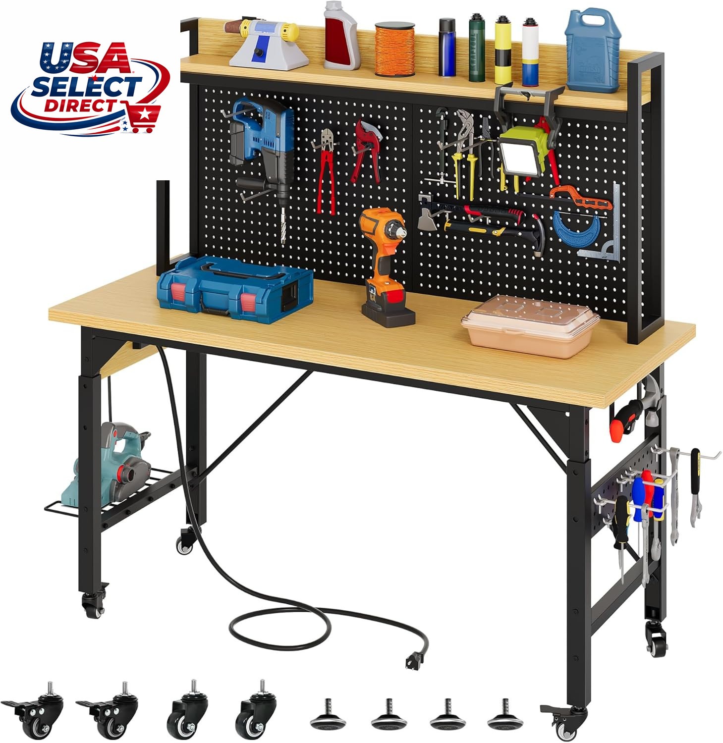 48" Adjustable Workbench with Pegboard, Wheels, 1600 LB Capacity