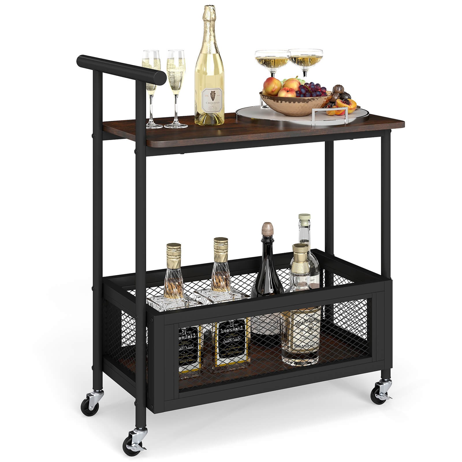 Rolling End Table w/Lockable Wheels Handle 2 Storage Shelves Industrial Bar Cart