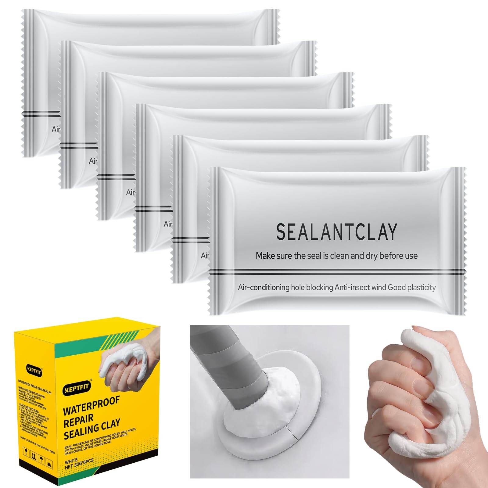 6-Pack New Type White Waterproof Sealant Mastic, Repair Sealing Clay,