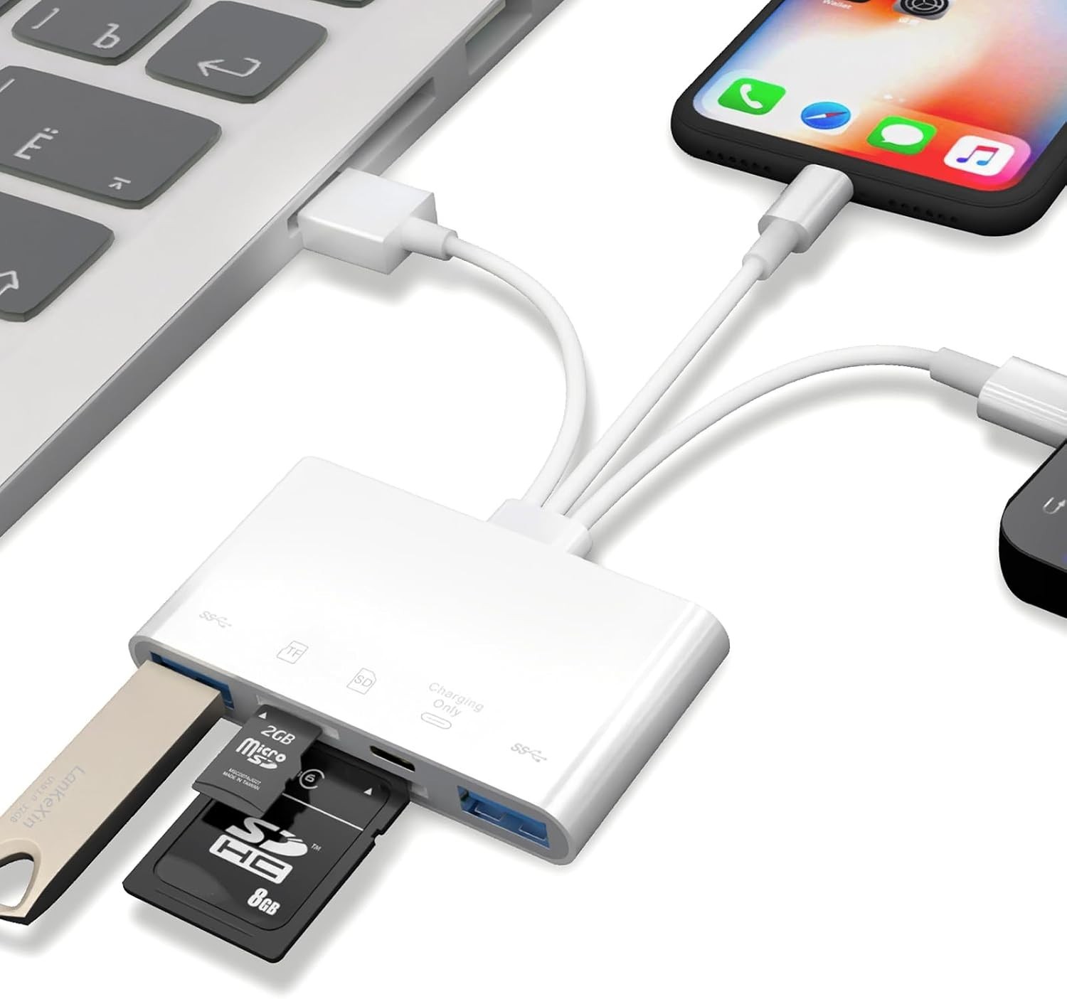 High-Speed 5-in-1 SD Card Reader for iPhone with Simultaneous Charging