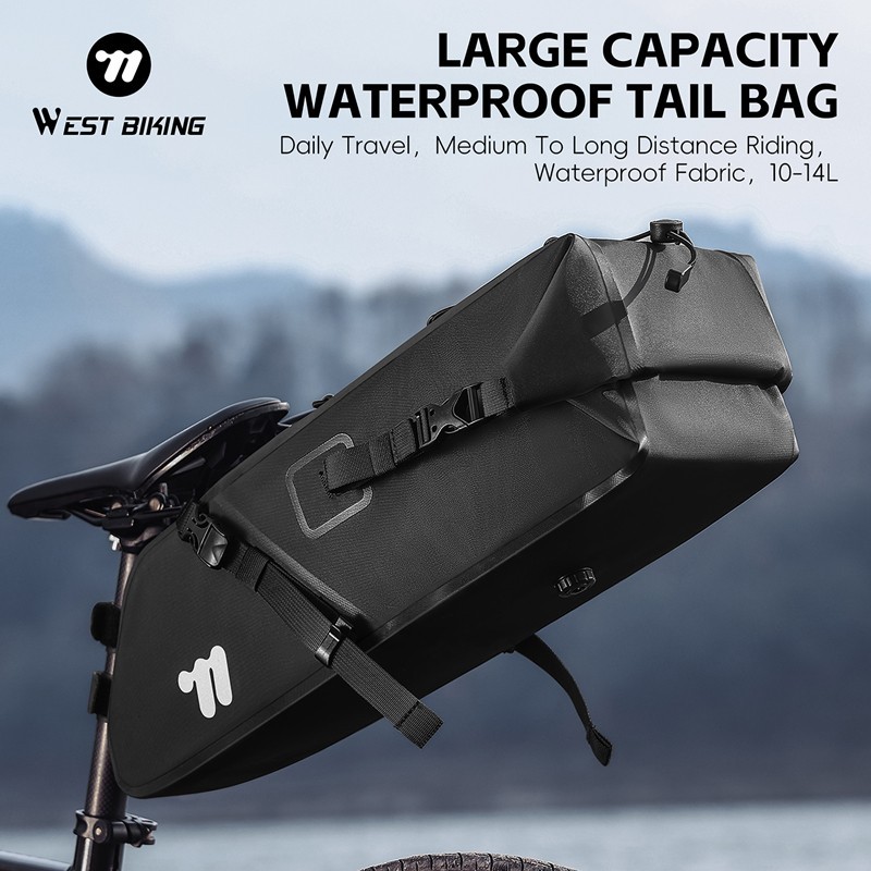 WEST BIKING Full Waterproof Bike Saddle Bag Cycling Seat Tail Bag 10-14L Black