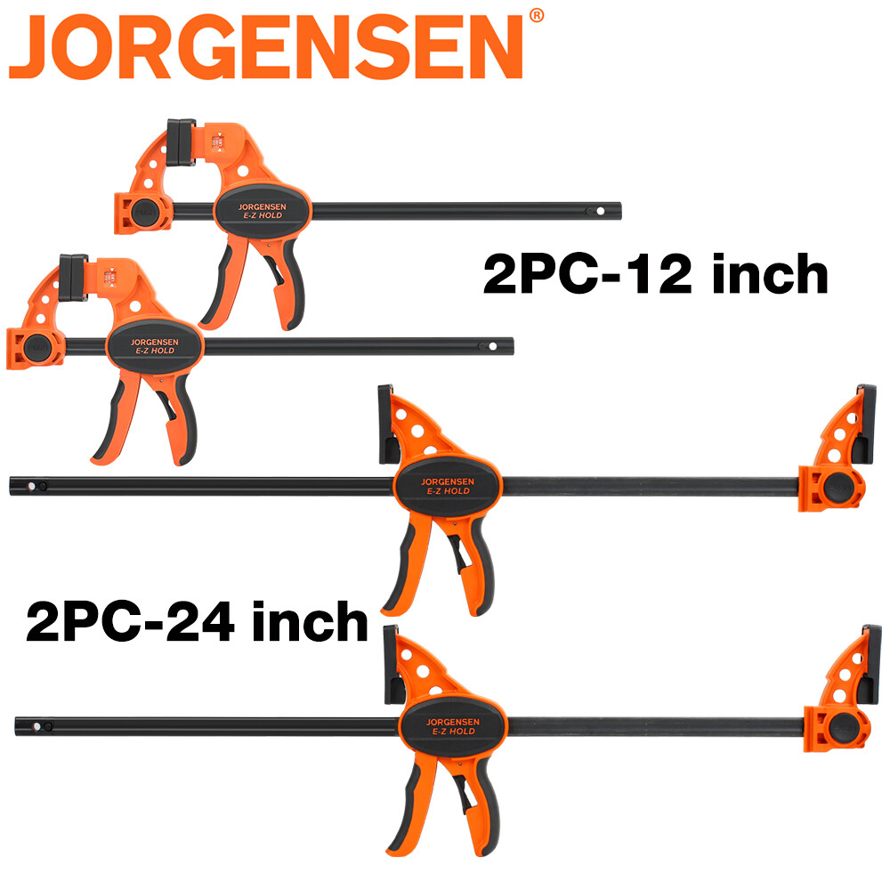 Jorgensen 2-Pack 12" One-Handed Bar F Clamp/24" One Hand Clamp/Spreader E-Z Hold