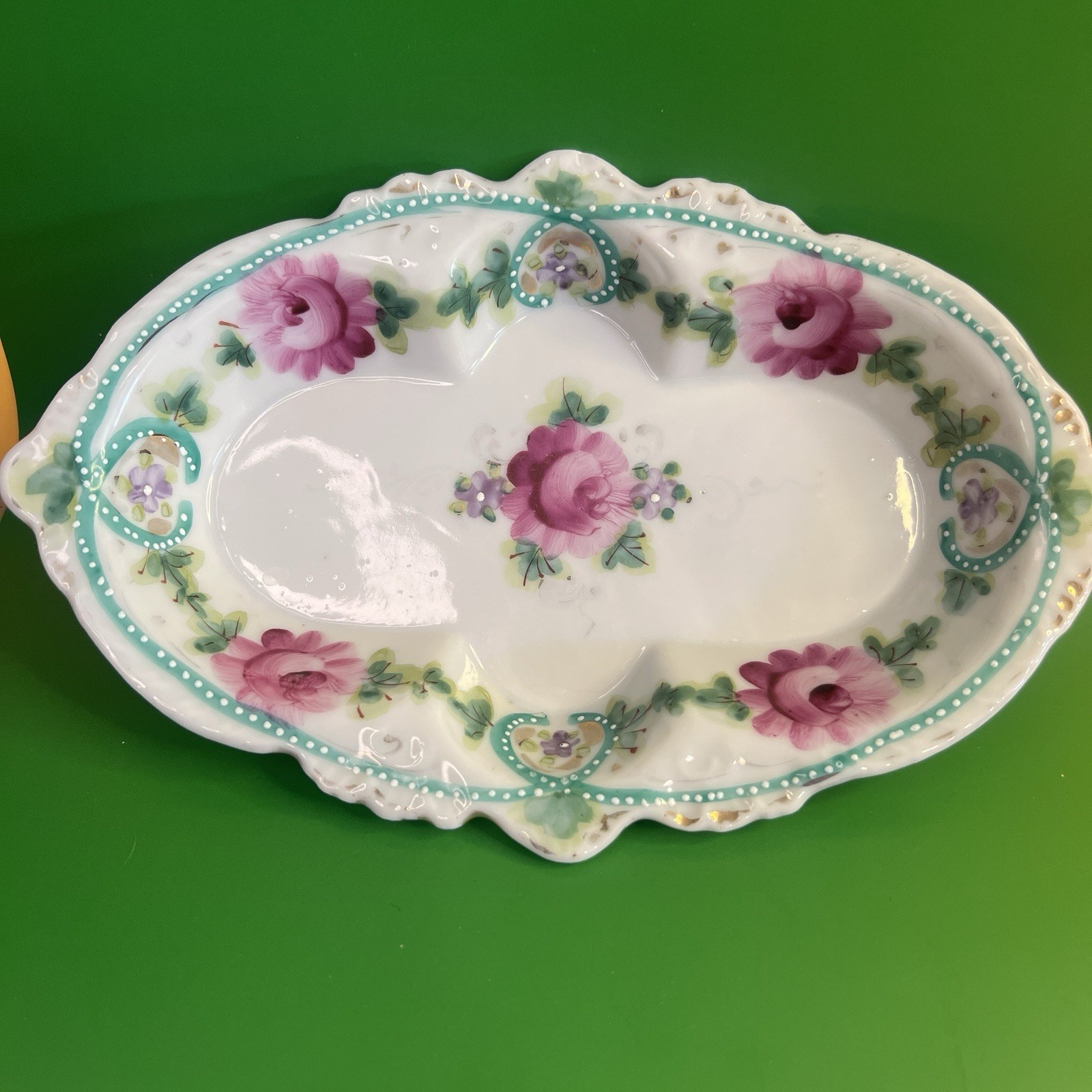 Hand Painted Vintage Vanity Tray Dish 1920's Porcelain Beautiful Pink Rose Green