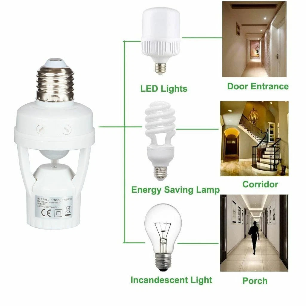 2x Motion Sensor Light Socket,E26/E27 Smart Lamp Bulb Holder Adapter Auto On/Off
