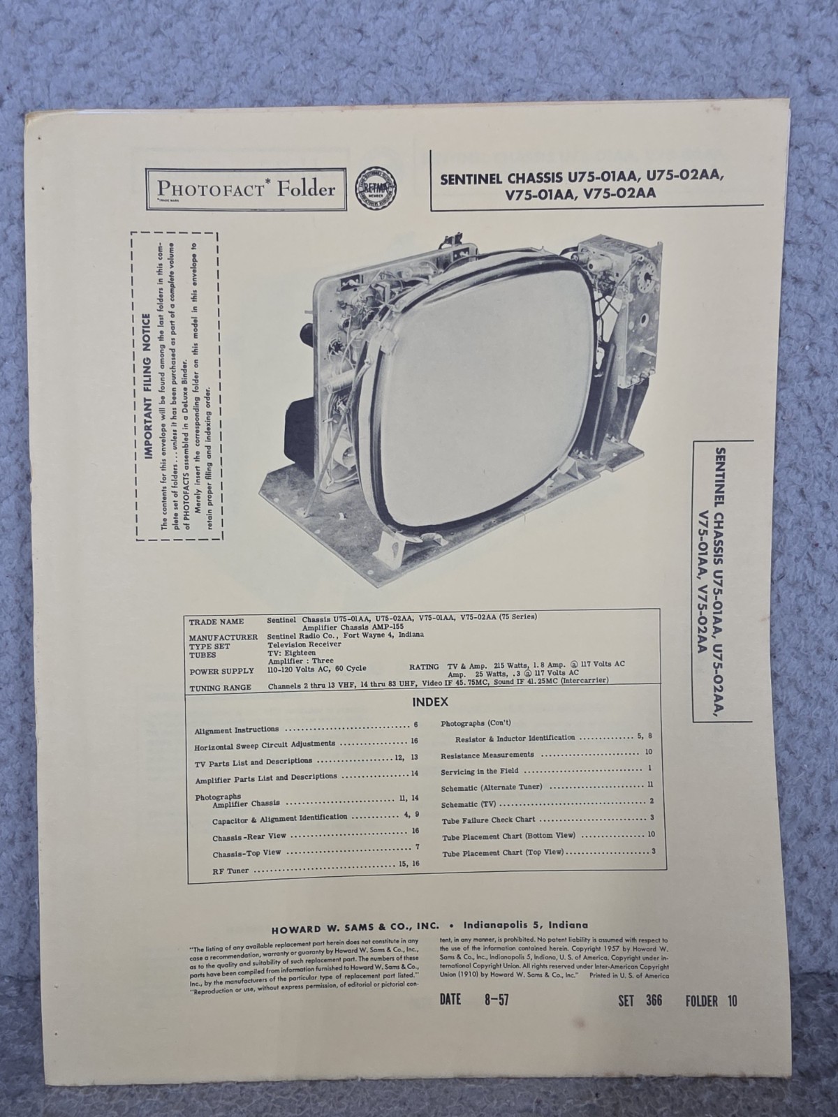 Sentinel Chassis U75-01AA Etc Etc Sams Photofact Television Repair User Manual