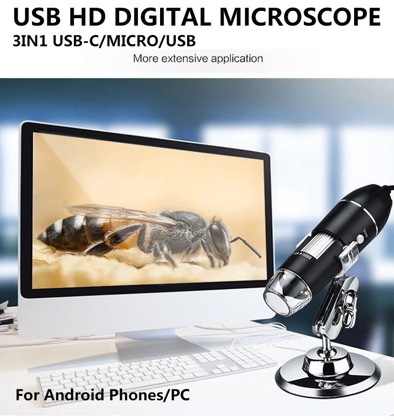 Real 1600X Digital Binocular Microscope USB Camera LED Android Phones Window PC