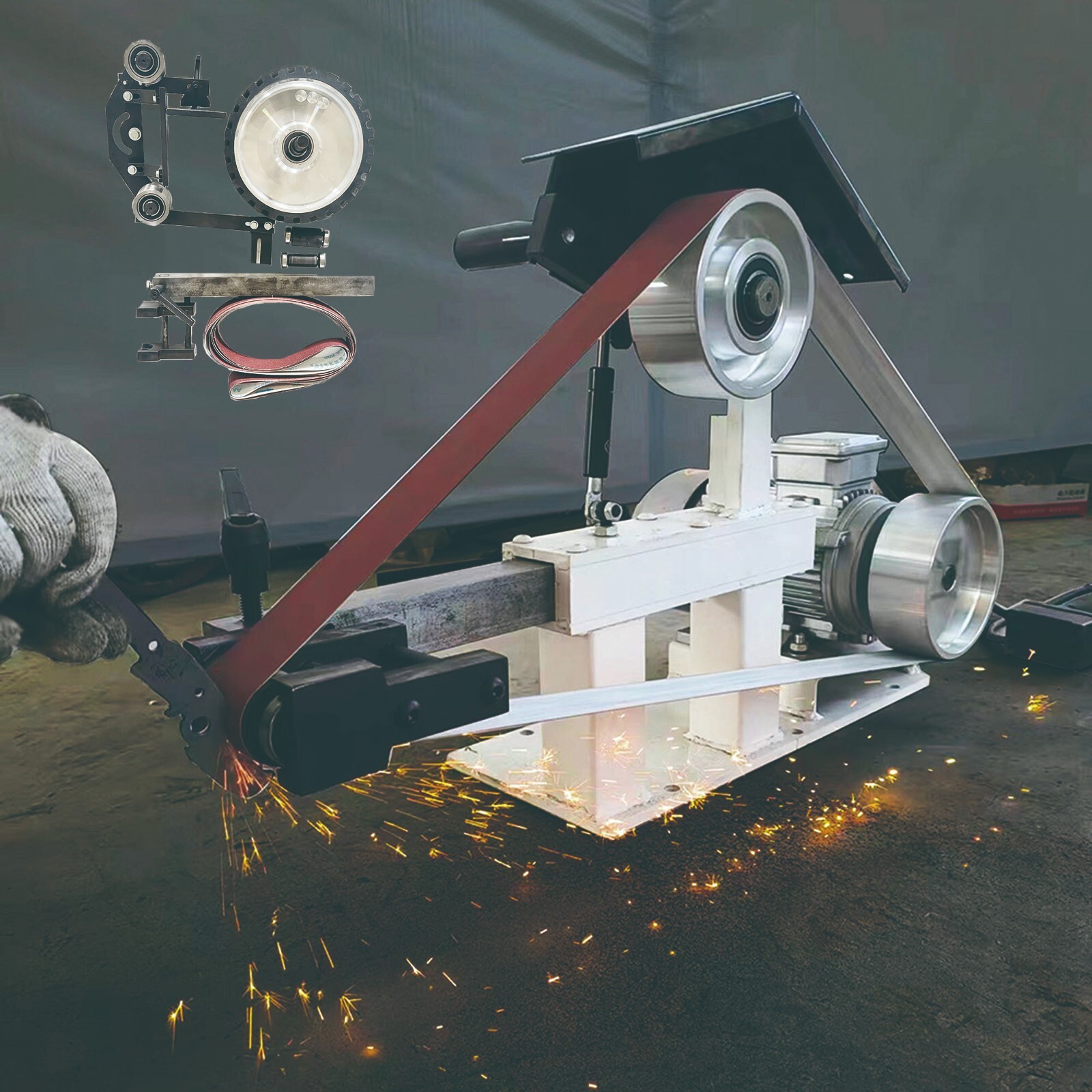 72"-82" Sand-Belt Grinder with 3 Grinding Wheel for Arc/Flat/Concave Grinding