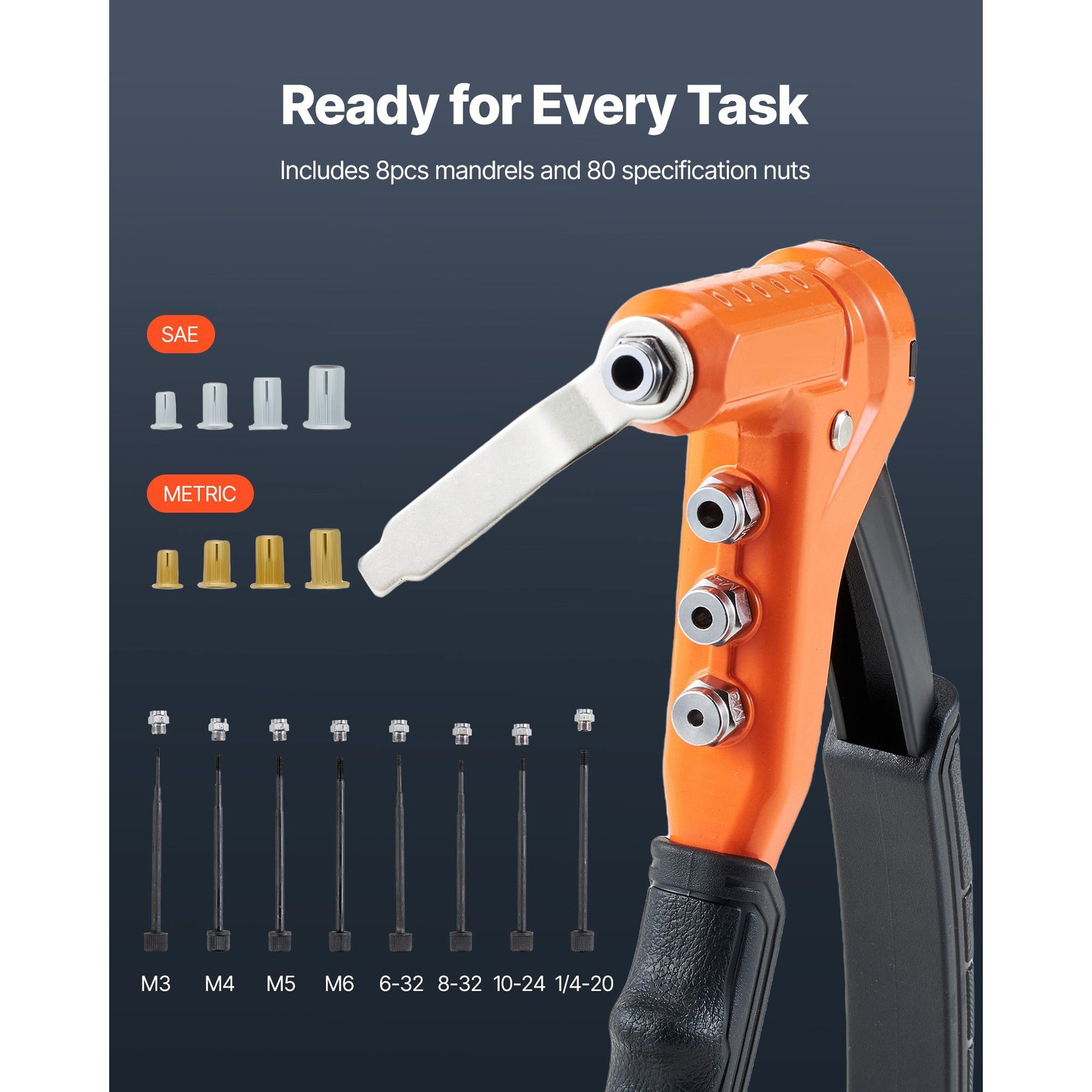 Rivet Nut Tool Set 8-Size Mandrels 80 Nuts Carry Case