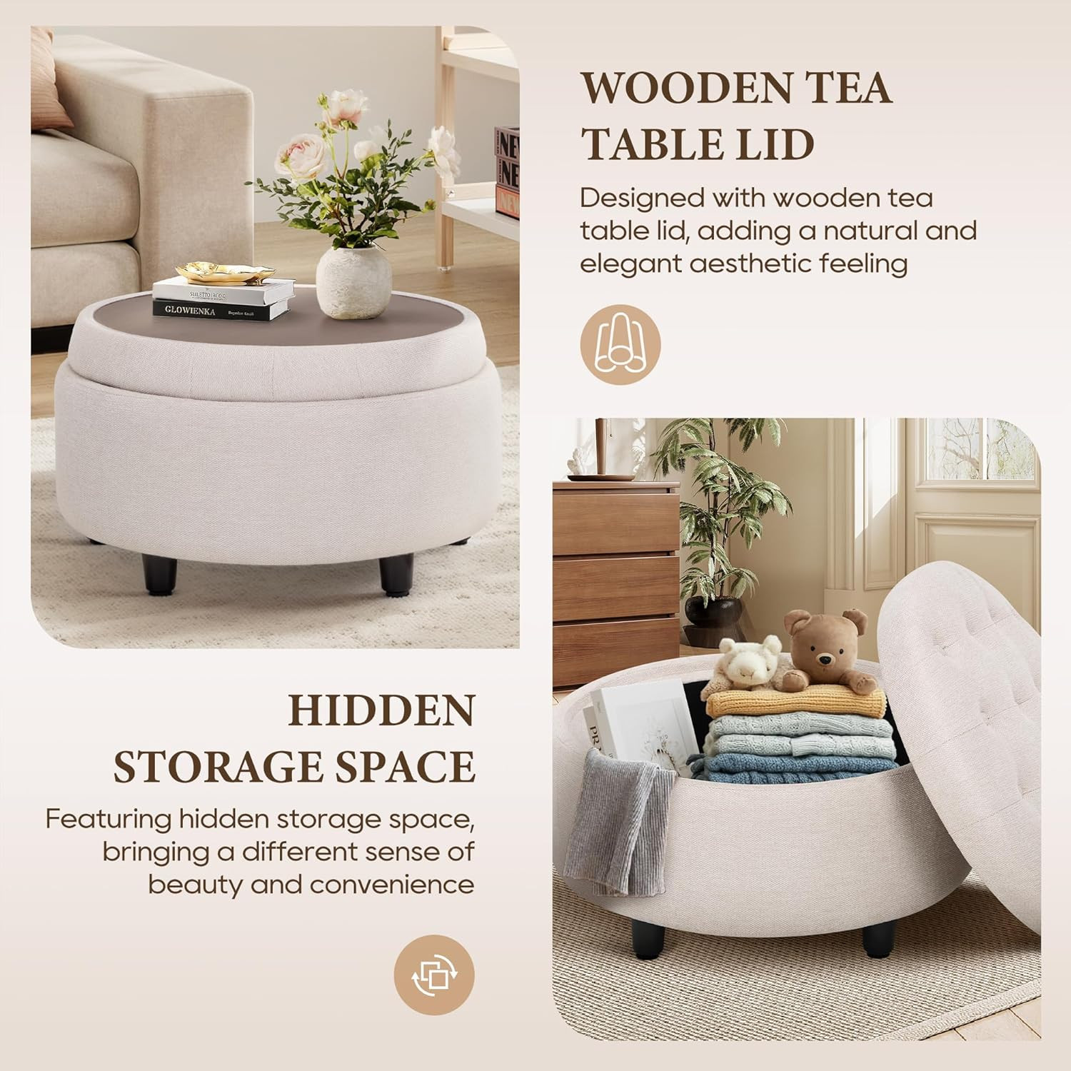 Fabric round Storage Ottoman with Reversible Tray Lid – Multi-Functional Footres
