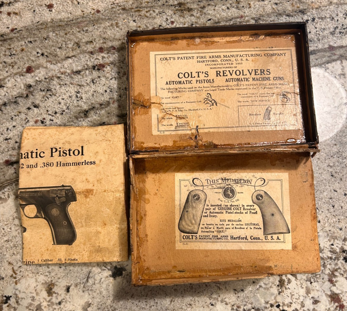 Original Colt 1903 .32 Hammerless Semi-Auto Pocket Model Box with Manual