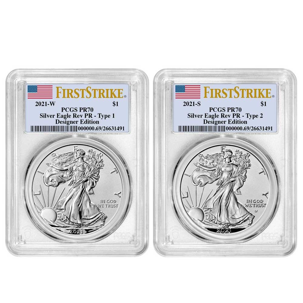 2021 Reverse Proof American Silver Eagle Designer 2pc Set PCGS PR70 FS Flag
