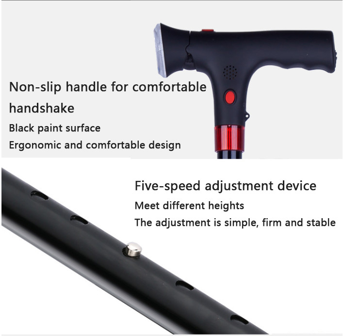 Elder Folding Walking Stick Walking Cane Height Adjustable Torch LED Light Alarm