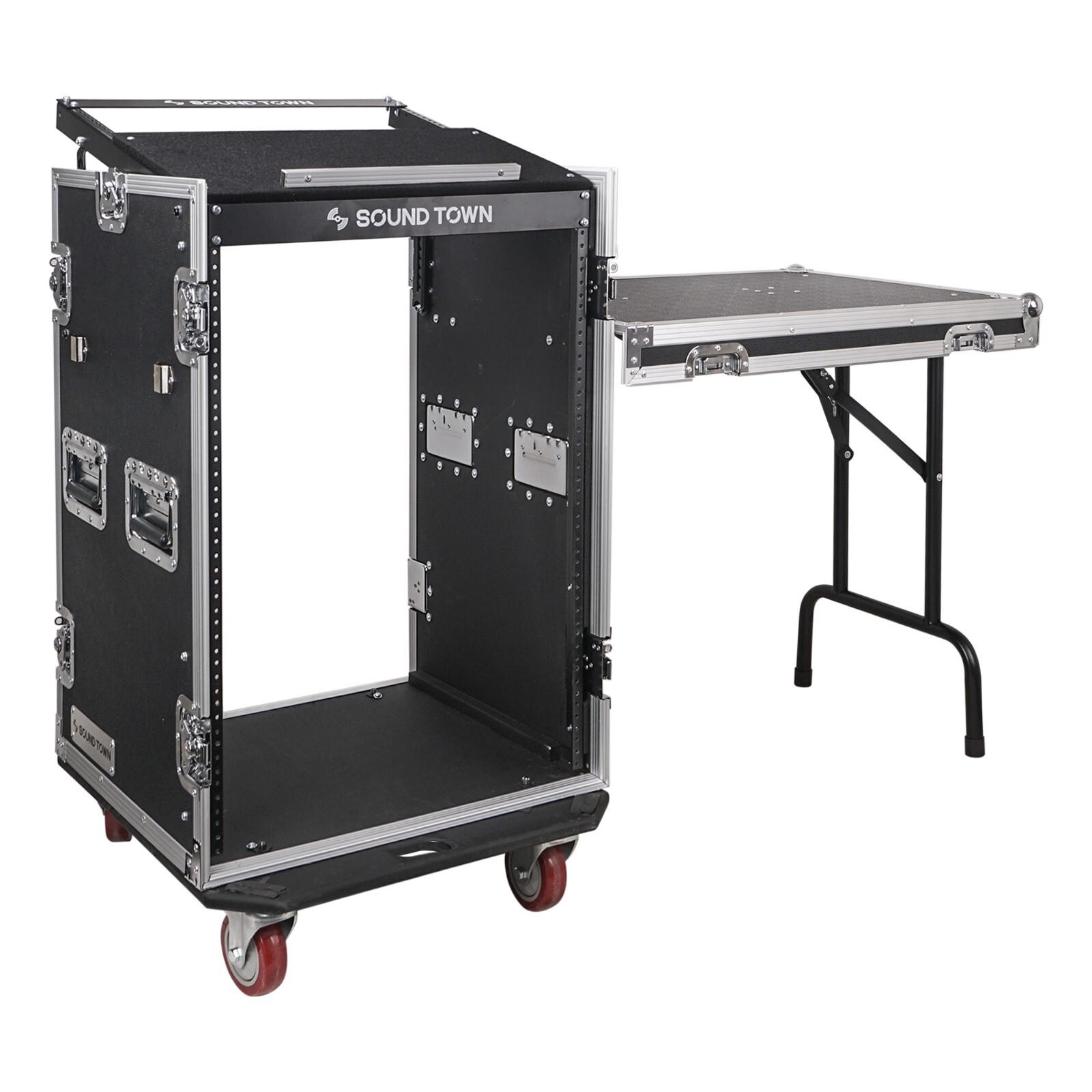 Sound Town 16U DJ Rack Case w/11U Slant Mixer Top Casters Lock Drawer STMR-16TD3