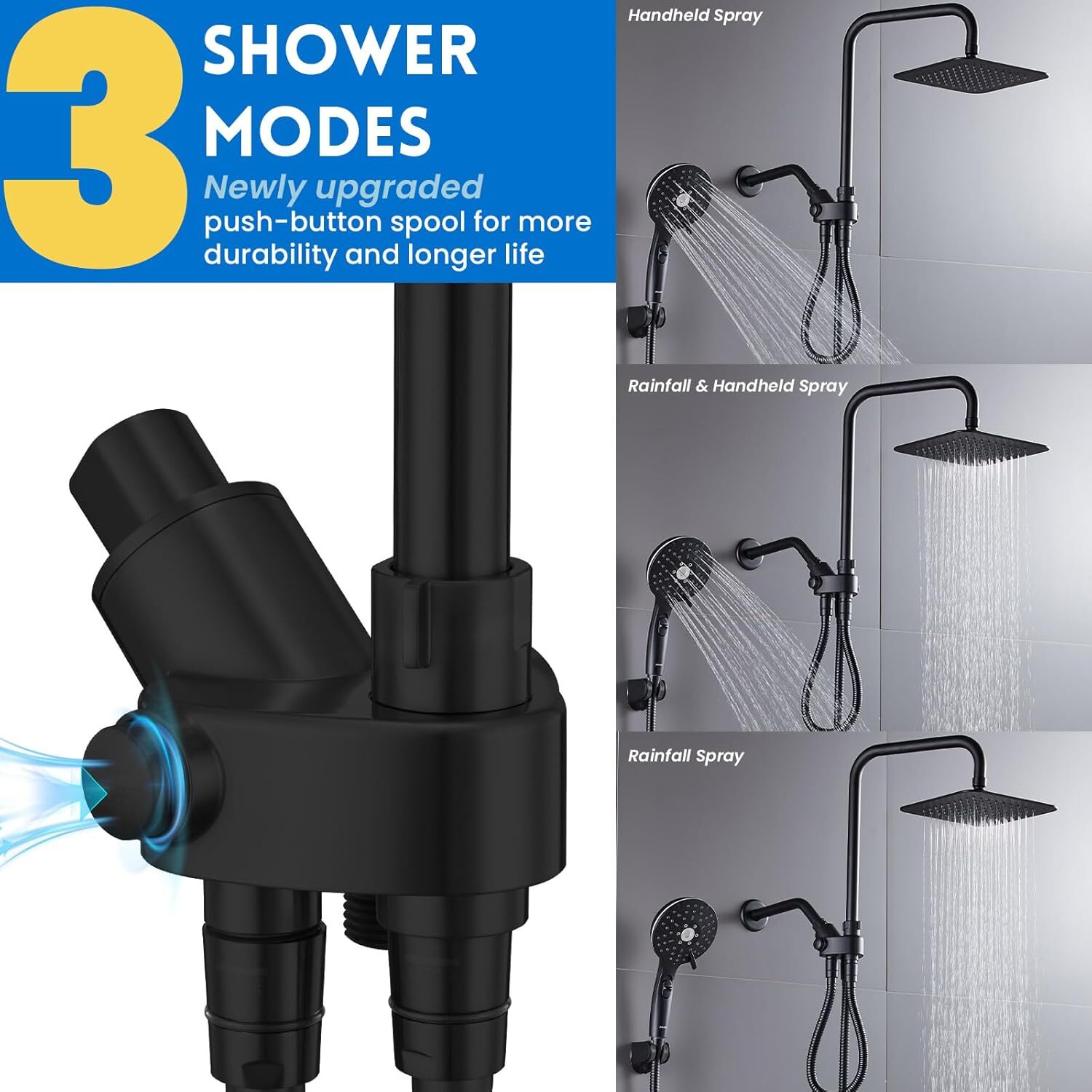 Dual Showerhead Combo, Black 8'' Rain Shower, 6 Adjustable Handholds