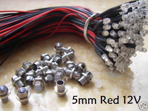 5, 5mm Red 12V Car,Boat LED + Metal Holder Bezel, 5HR