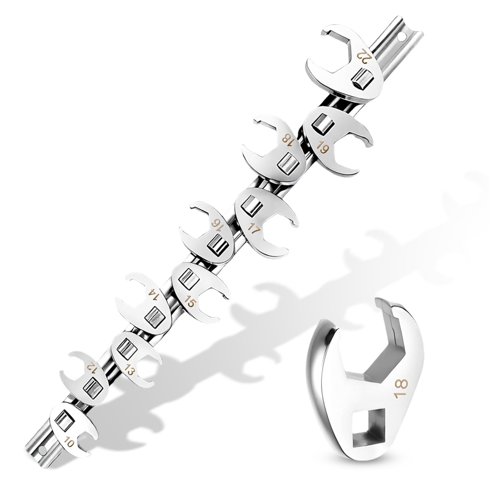 3/8" Drive Metric Crow foot Wrench Set 10-Piece 10-22mm, CR-V Steel Flare Nut De