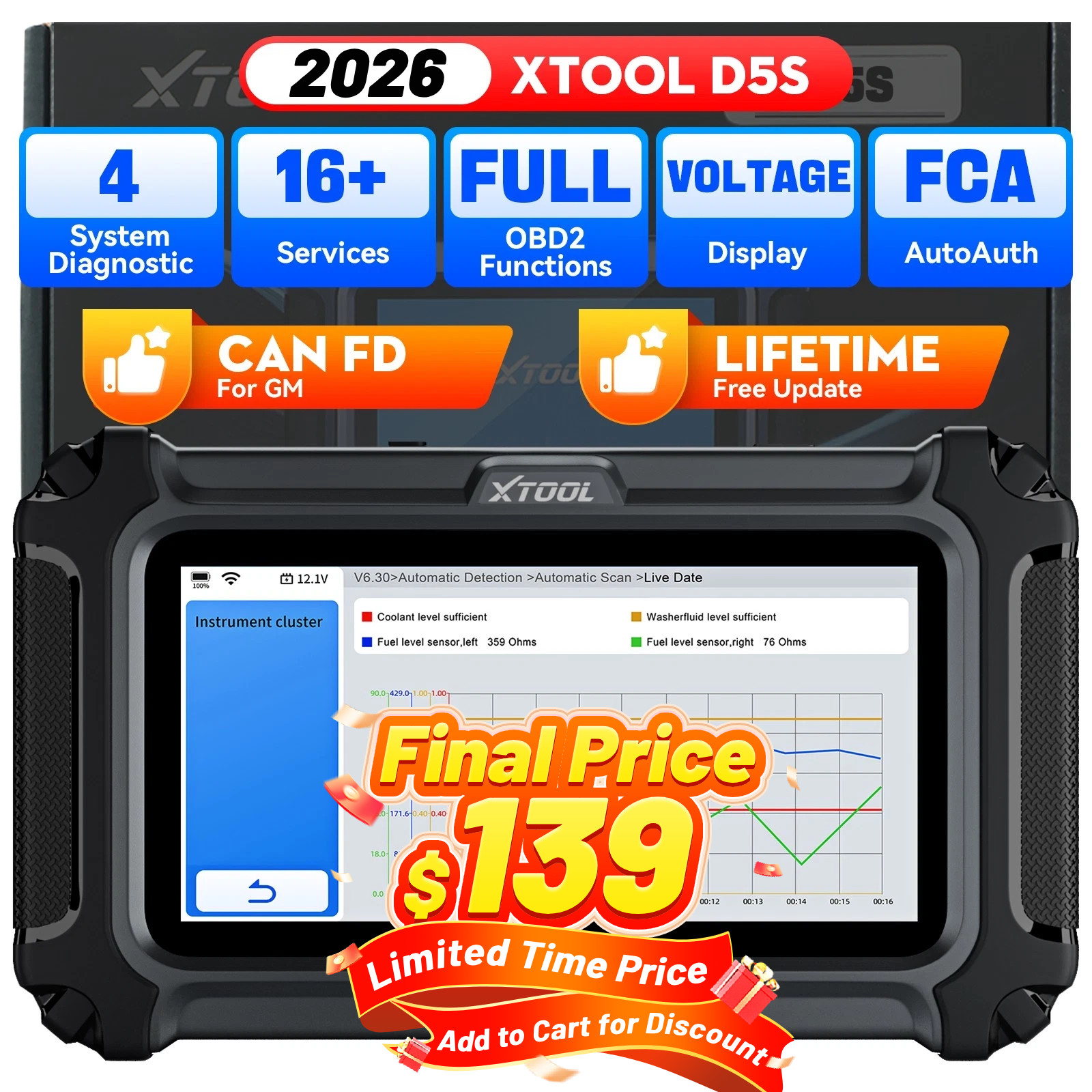 XTOOL D5S OBD2 Scanner Engine ABS SRS Code Reader Diagnostic Scan Tool CAN FD