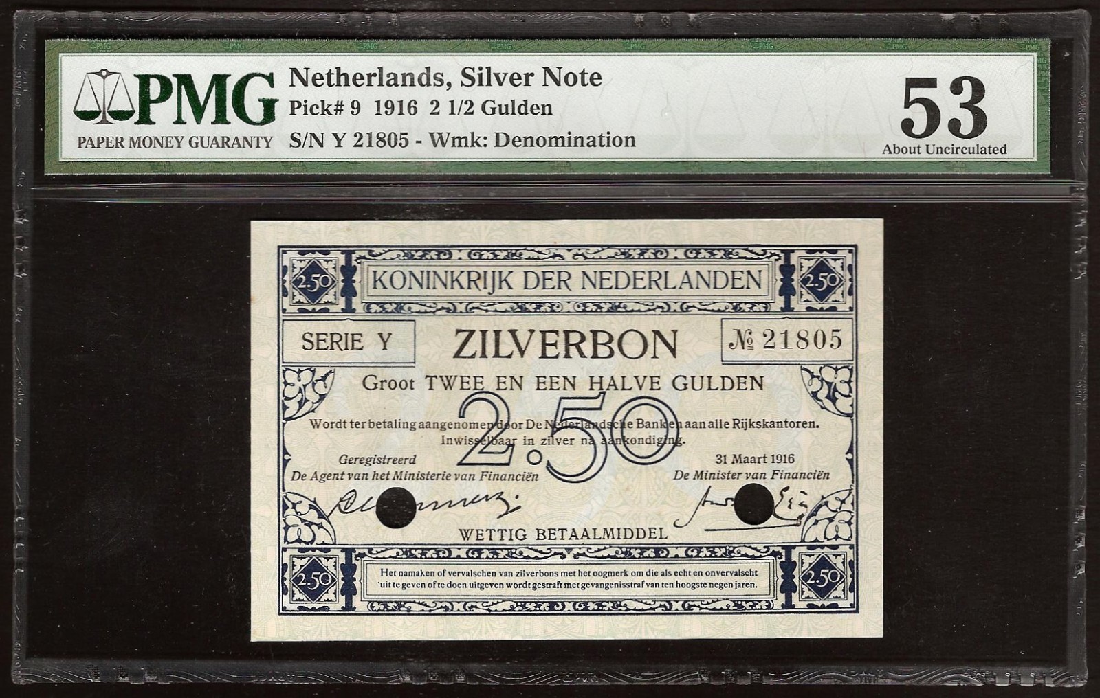 NETHERLANDS  2,5 Gulden  1916  P:9  aUNC (53 PMG)